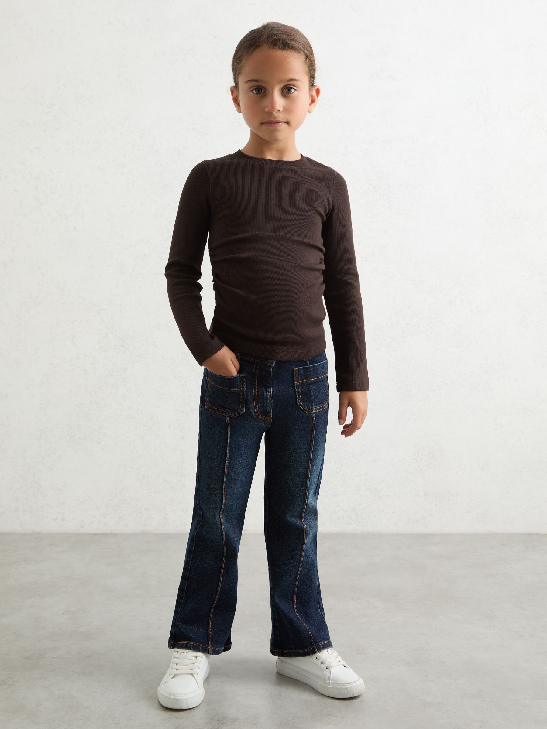 4-9 yrs Cotton Ruched Long-Sleeve T-Shirt with Stretch in Chocolate - Image 3 of 4