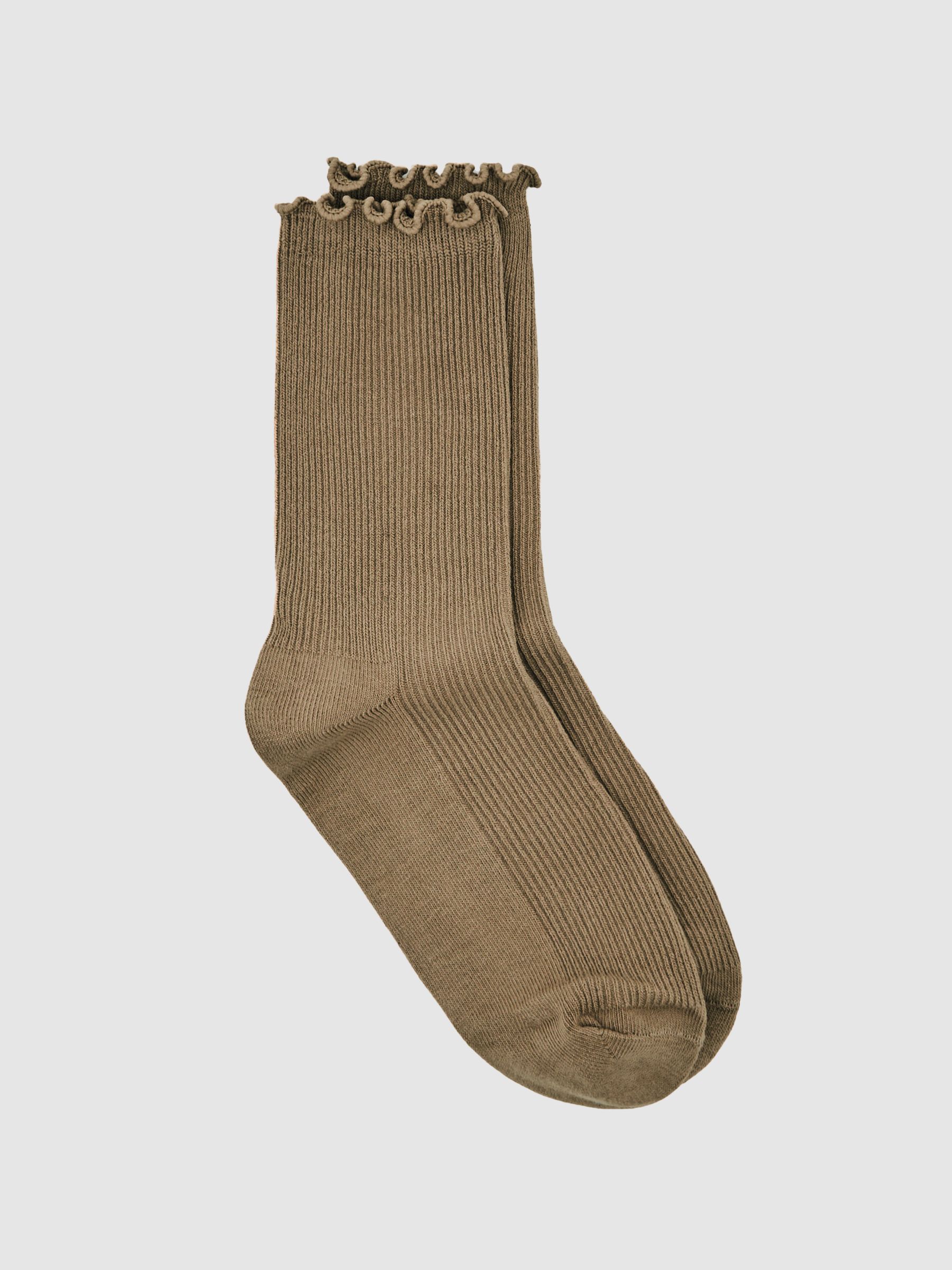 Ribbed Frilly Socks in Taupe - Image 1 of 3 Ribbed Frilly Socks in Taupe - Image 1 of 3