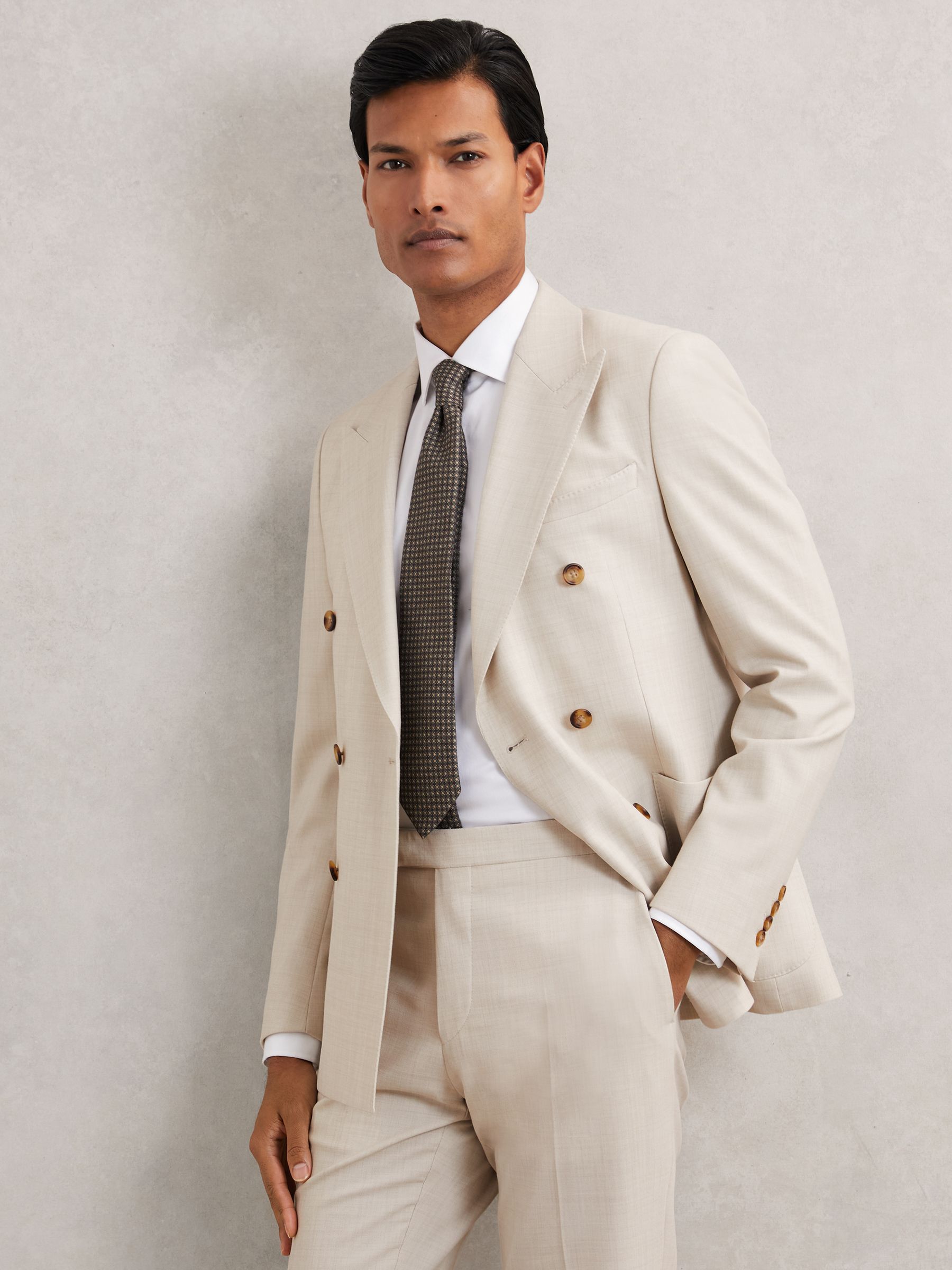 Double-Breasted Textured Suit Blazer Slim-Fit With Wool in Stone - Image 1 of 7