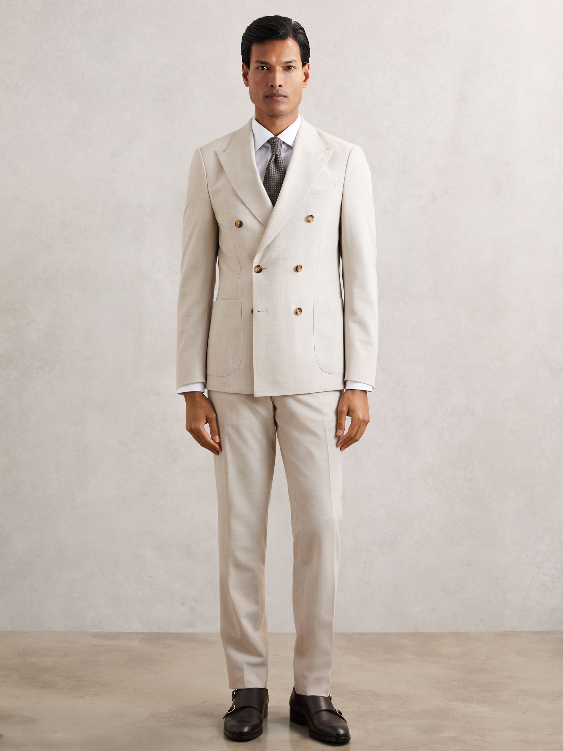 Double-Breasted Textured Suit Blazer Slim-Fit With Wool in Stone - Image 4 of 7