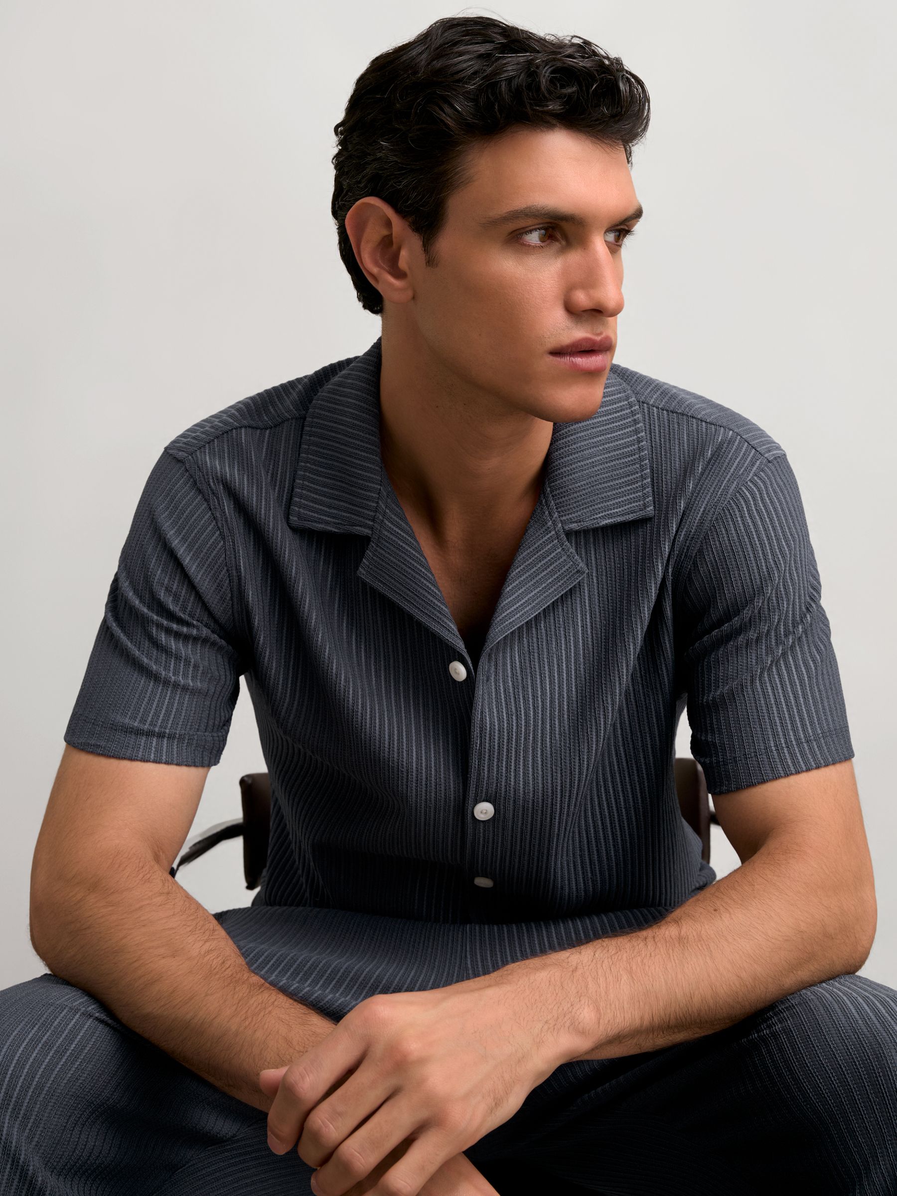 Textured-Stripe Cuban-Collar Shirt in Petrol Blue - Image 1 of 5
