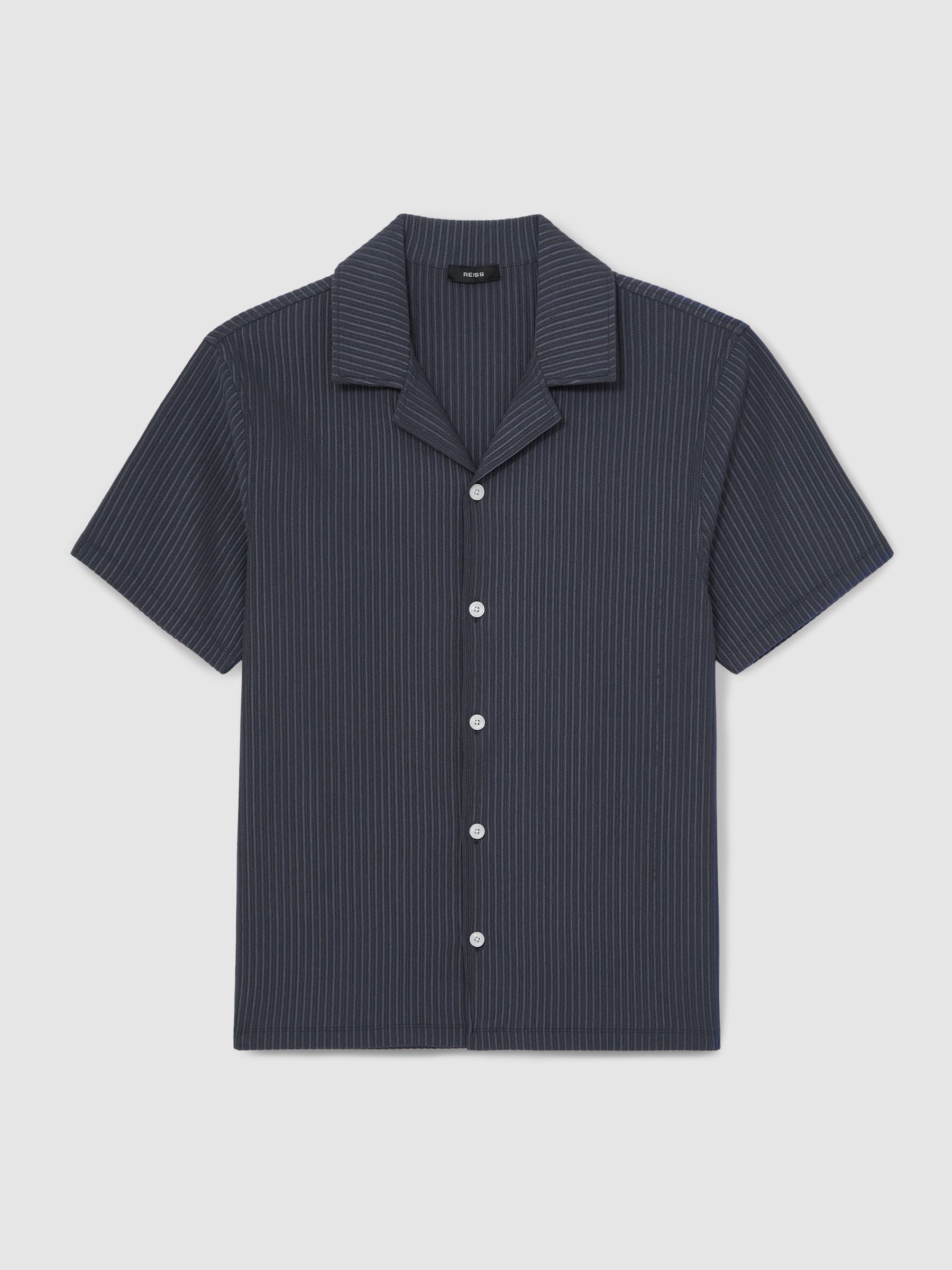Textured-Stripe Cuban-Collar Shirt in Petrol Blue - Image 2 of 5