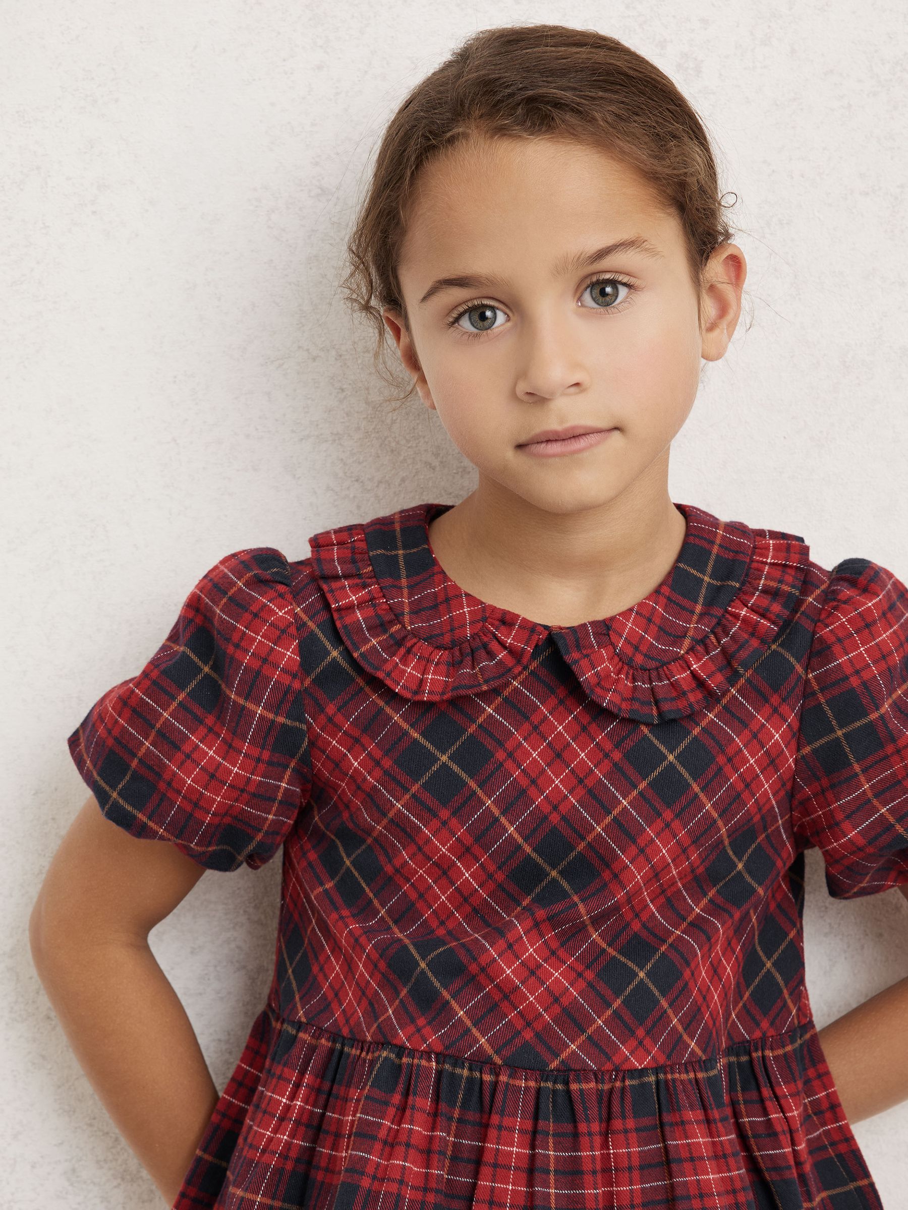 Cotton Peter-Pan Collar Tartan Dress in Red - Image 1 of 4 Cotton Peter-Pan Collar Tartan Dress in Red - Image 1 of 4