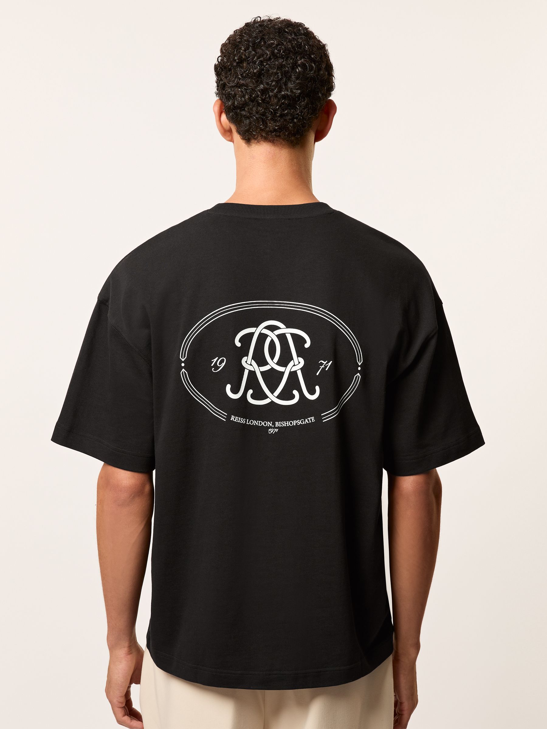 Reiss Monogram-Print Cotton Relaxed-Fit T-Shirt in Black | REISS