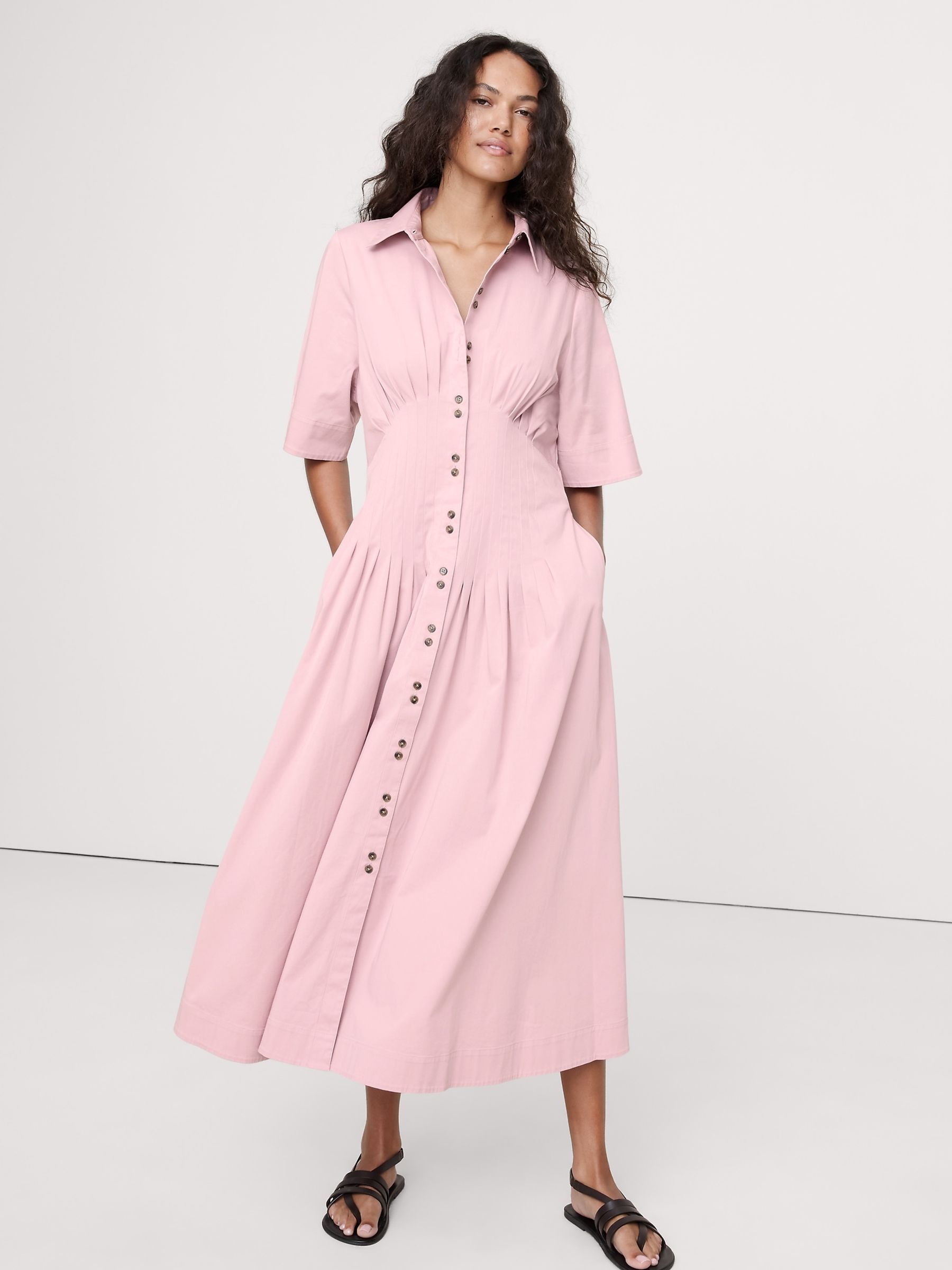 Banana Republic Pink Stretch-Cotton Poplin Pintuck Long-Midi Shirt Dress |  Gap