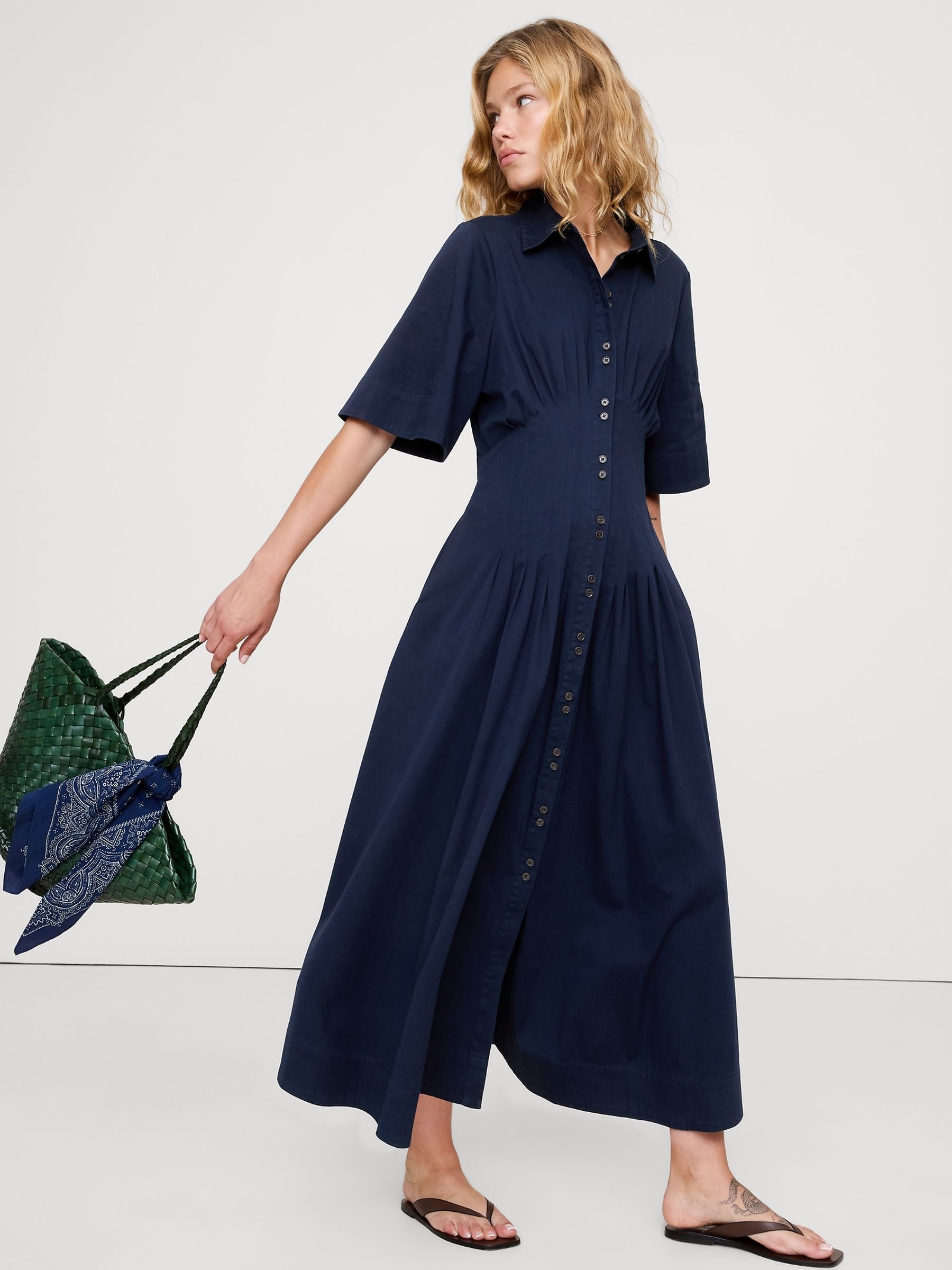 Banana Republic Navy Blue Stretch-Cotton Poplin Pintuck Long-Midi Shirt Dress - Image 1 of 1