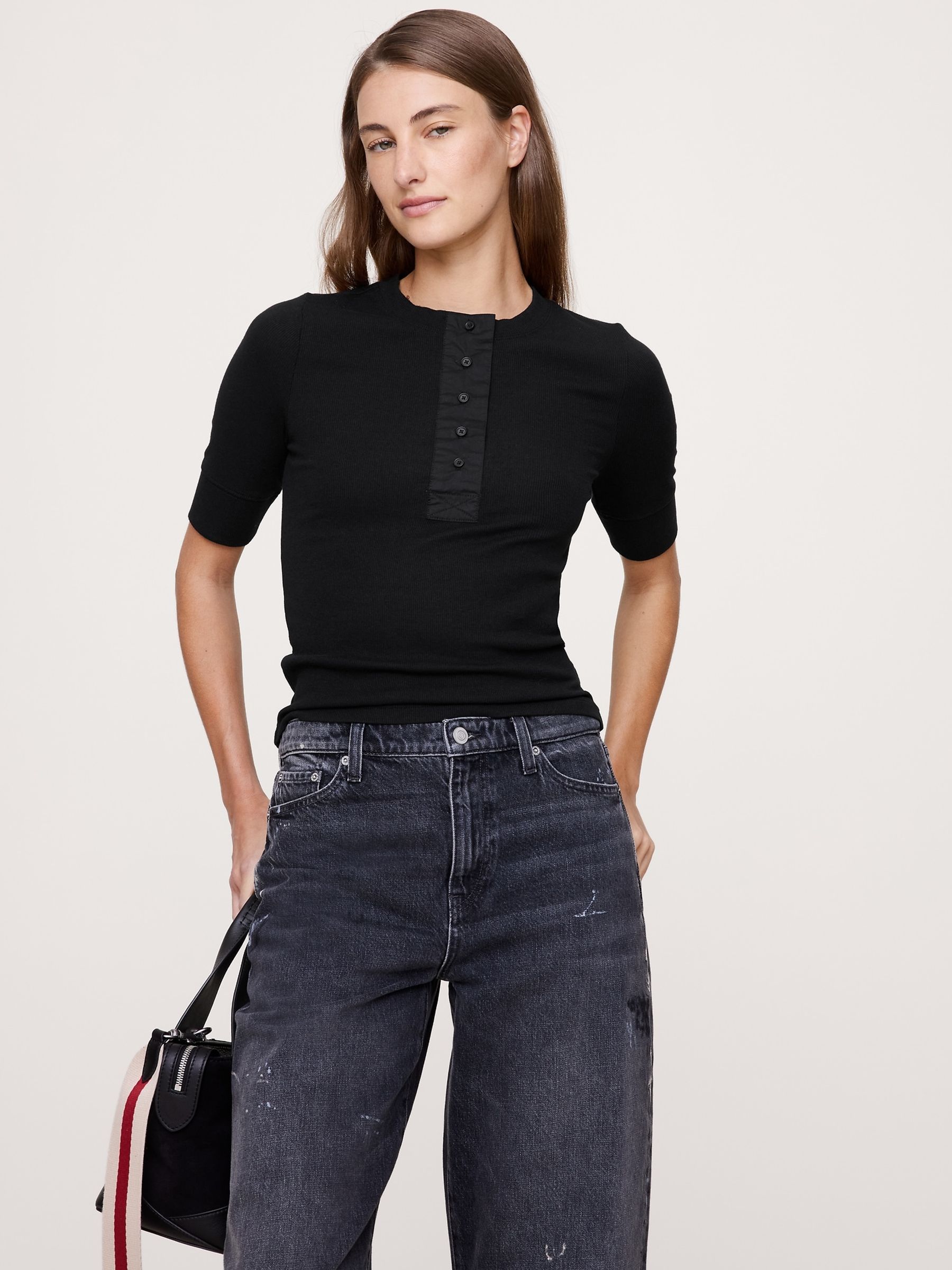 Banana Republic Black Ribbed Henley Top - Image 1 of 1