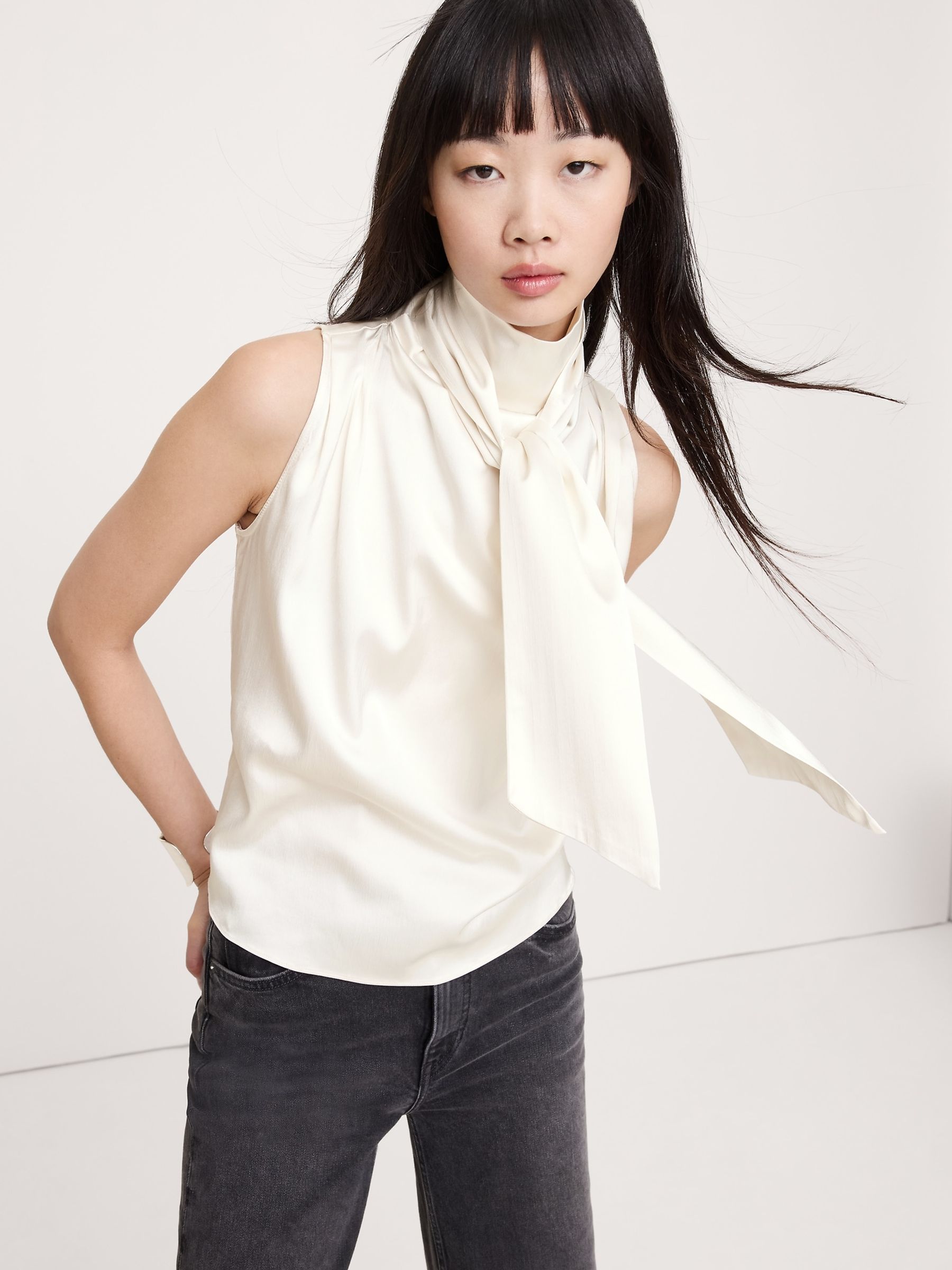 Banana Republic White Stretch-Satin Tie-Neck Top - Image 1 of 1