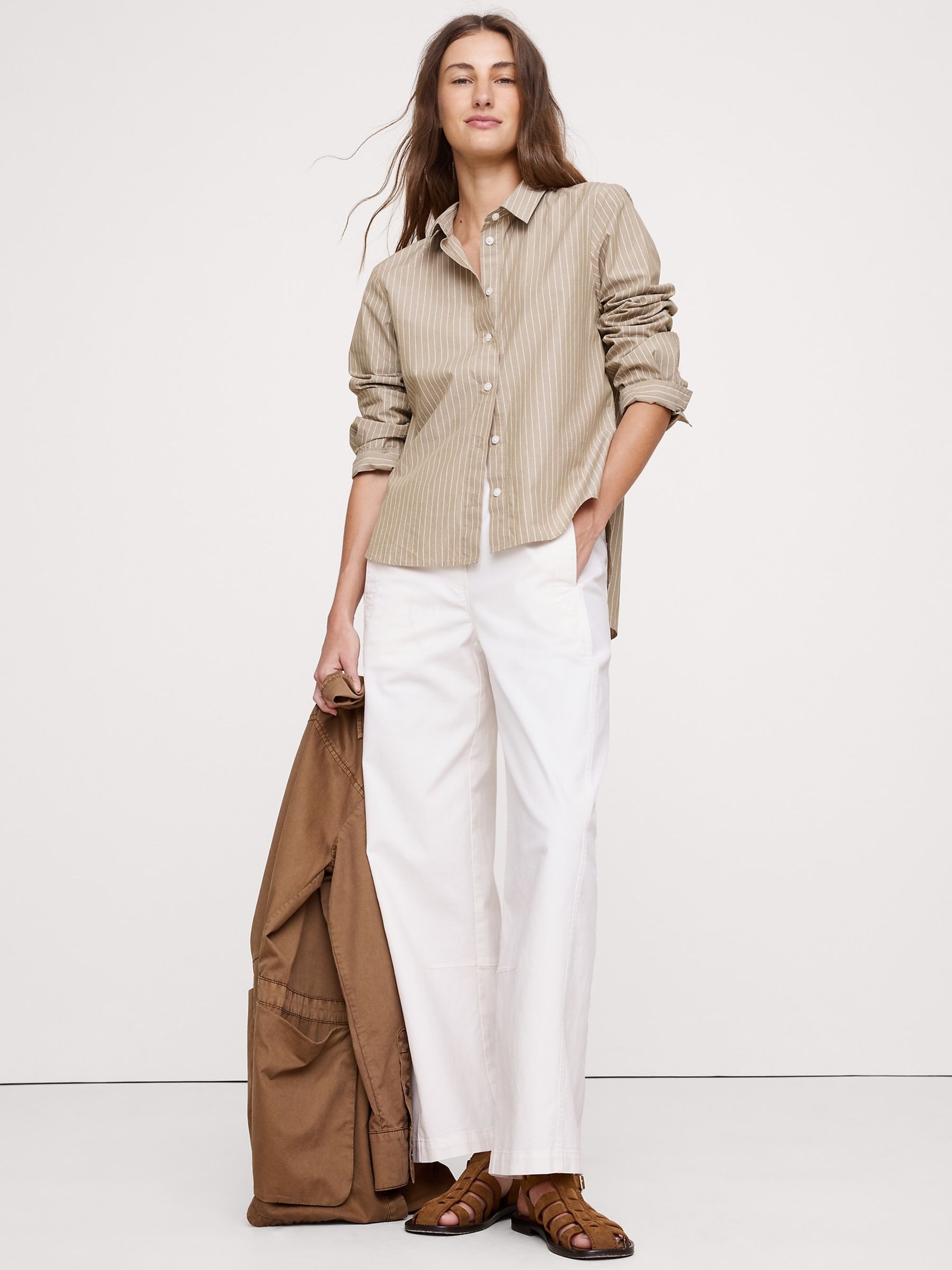 Banana Republic Beige Boxy Cotton Poplin Shirt - Image 1 of 4