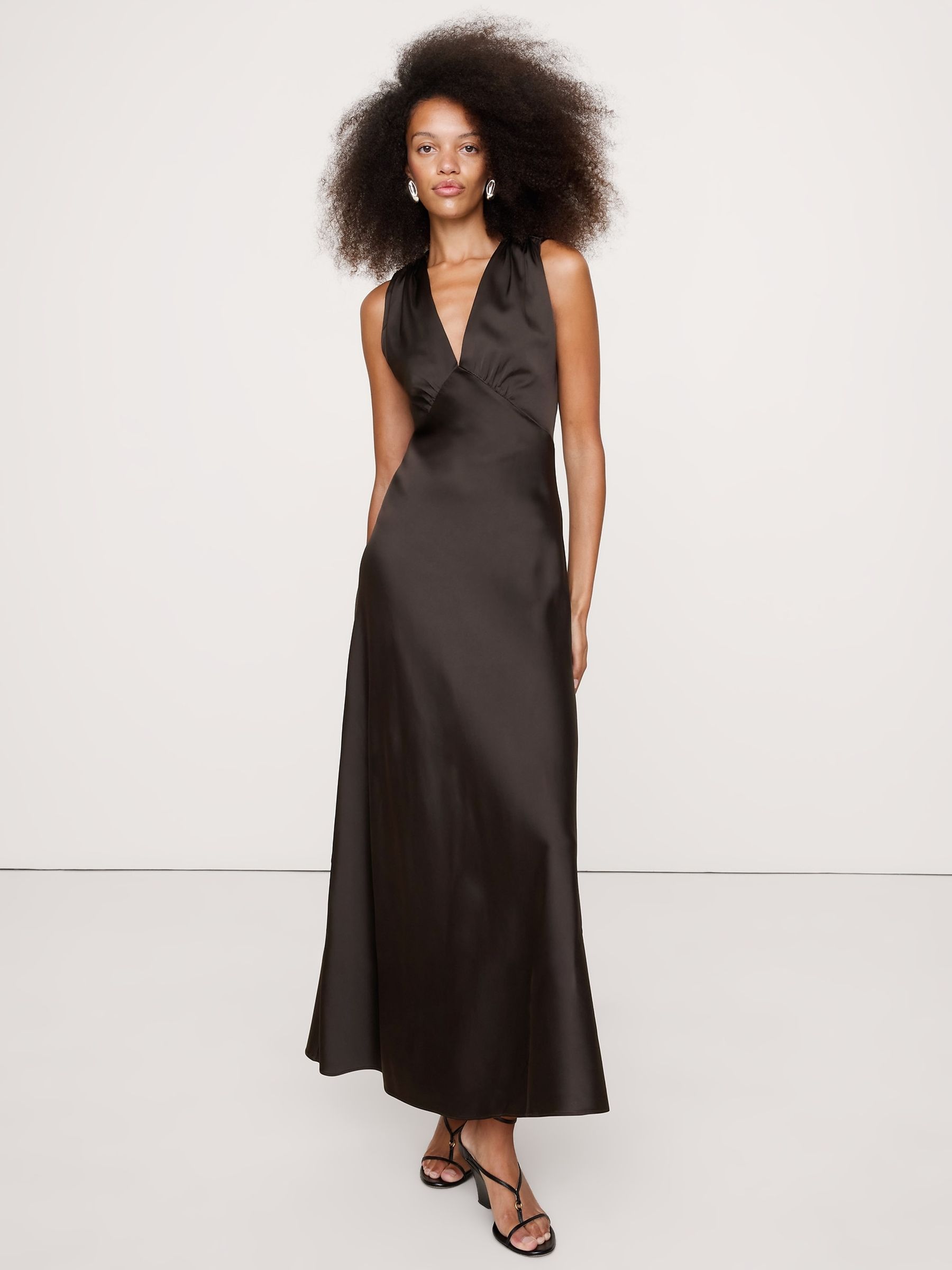 Banana Republic Brown Stretch-Satin Cross-Back Maxi Dress - Image 1 of 1