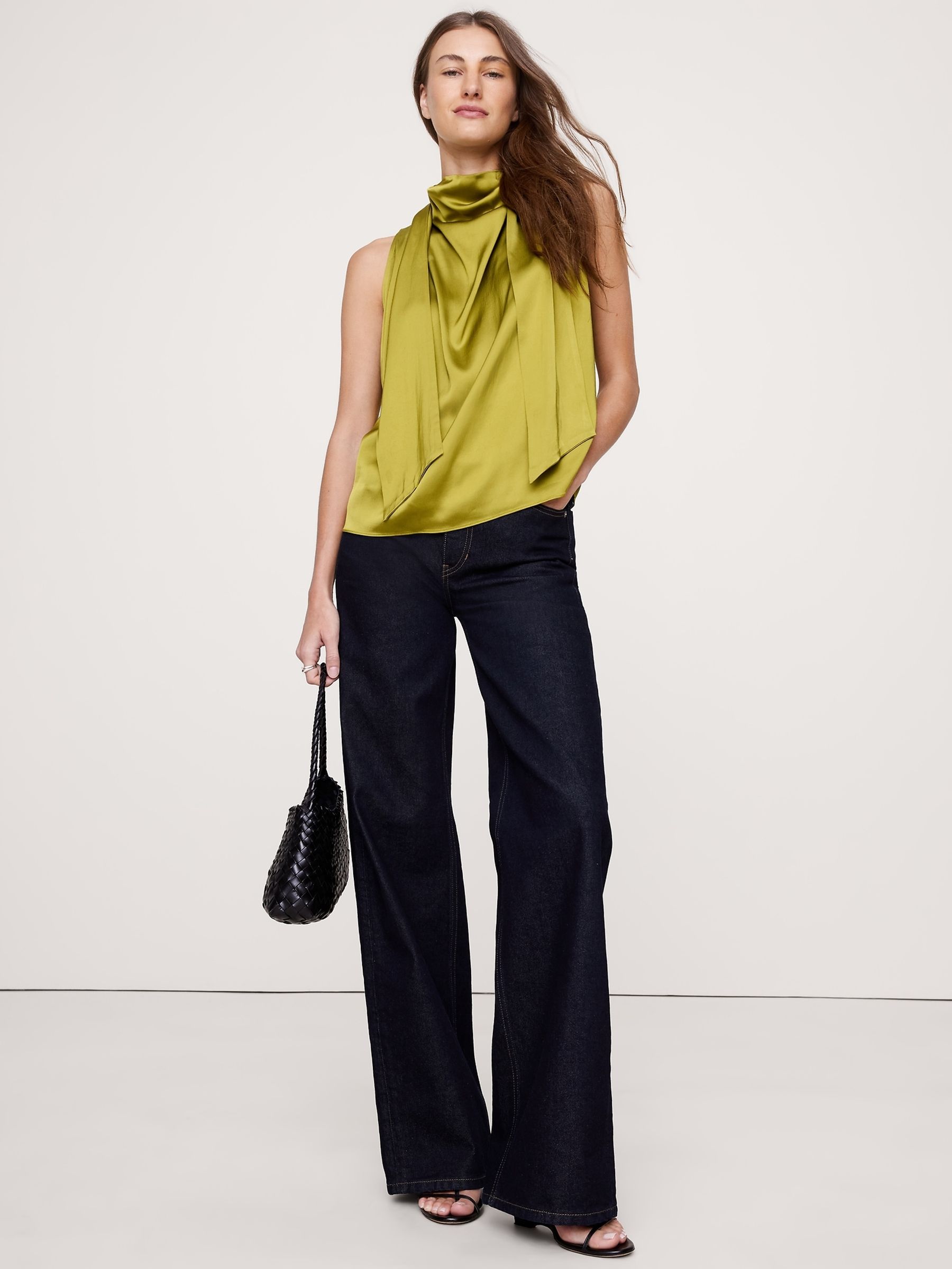 Banana Republic Green Stretch-Satin Tie-Neck Top - Image 1 of 1