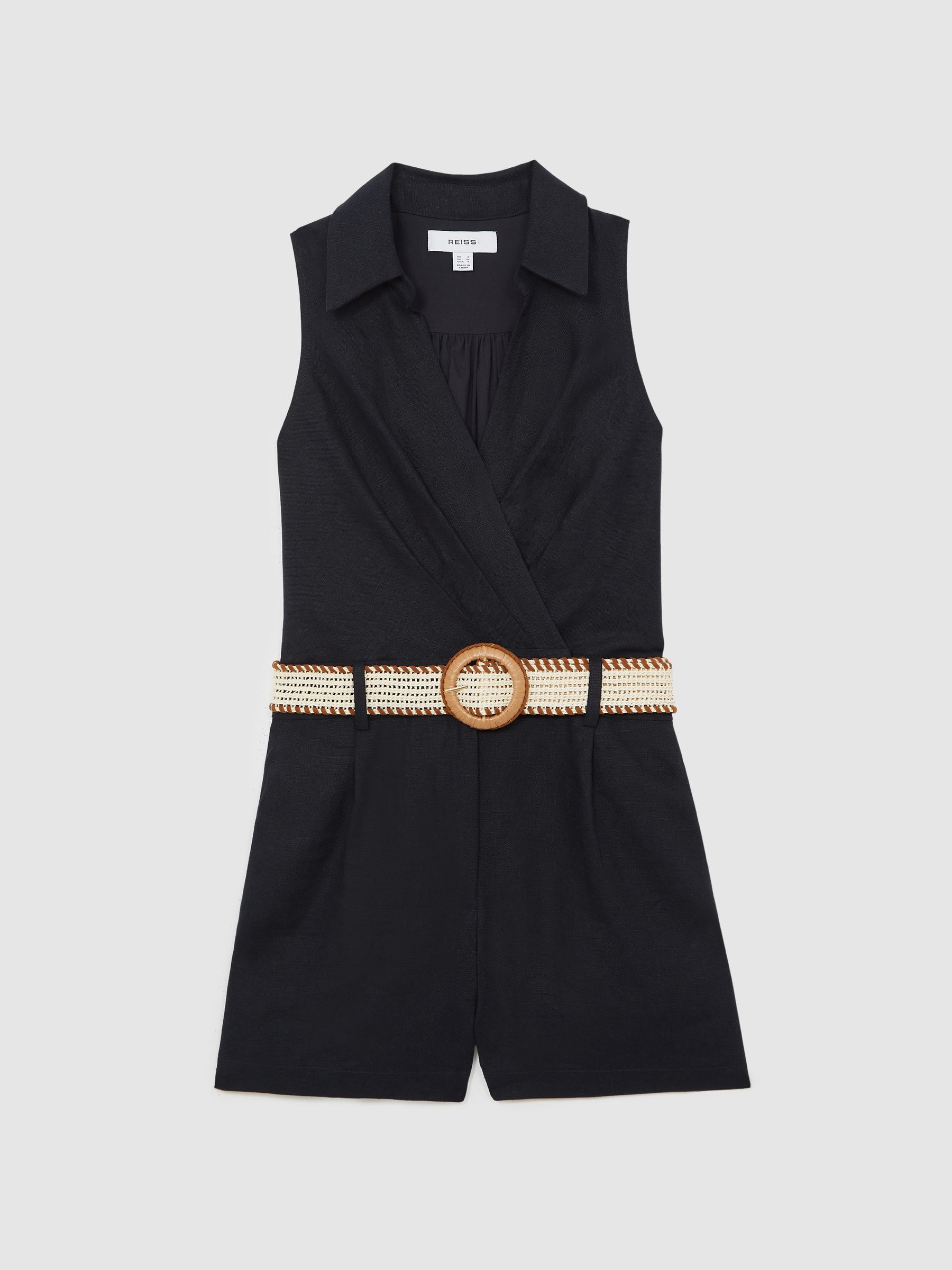 Reiss Linen Belted Sleeveless Wrap Playsuit in Navy - REISS