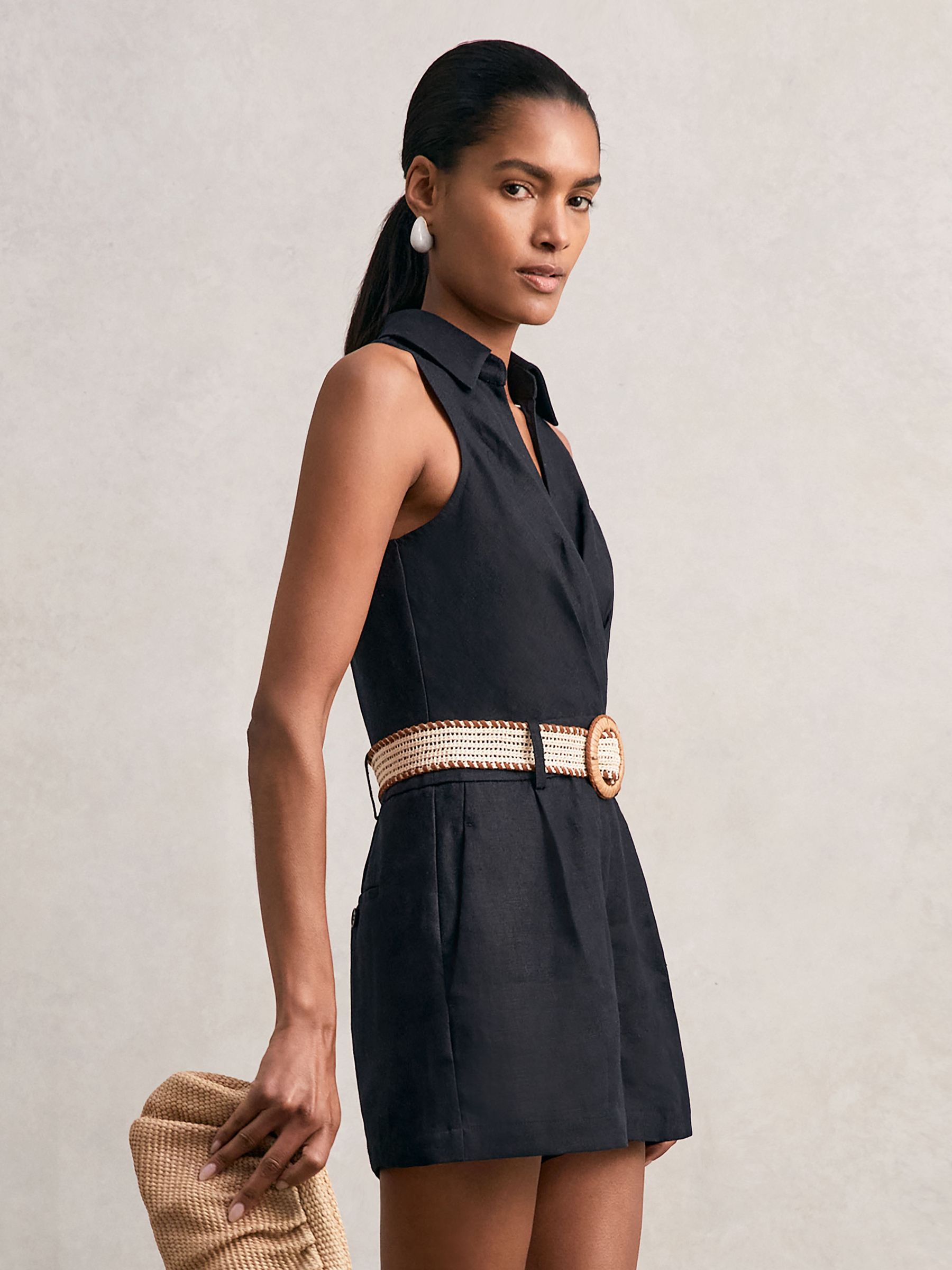 Linen Belted Sleeveless Wrap Playsuit in Navy - Image 3 of 6