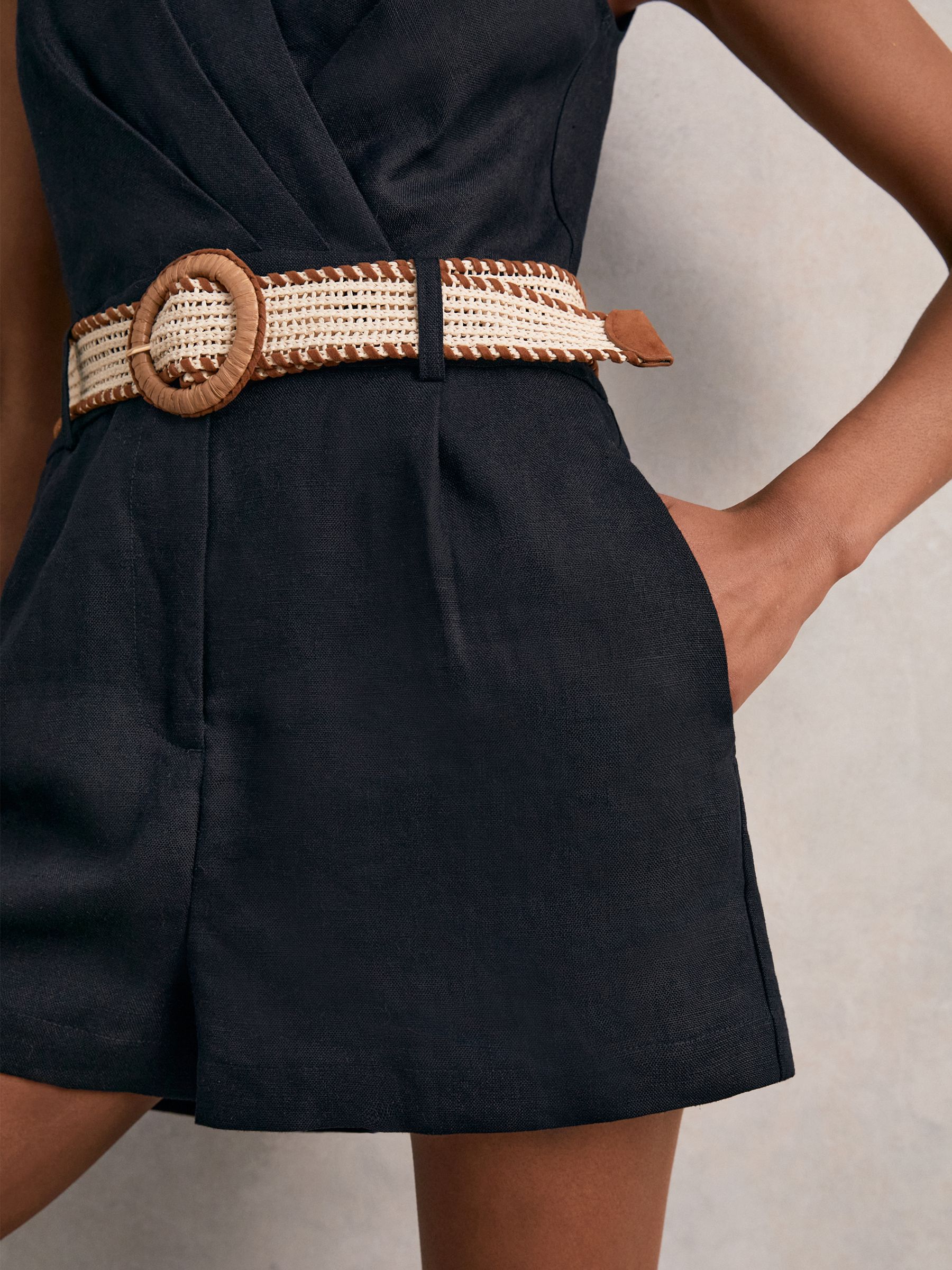 Linen Belted Sleeveless Wrap Playsuit in Navy - Image 4 of 6