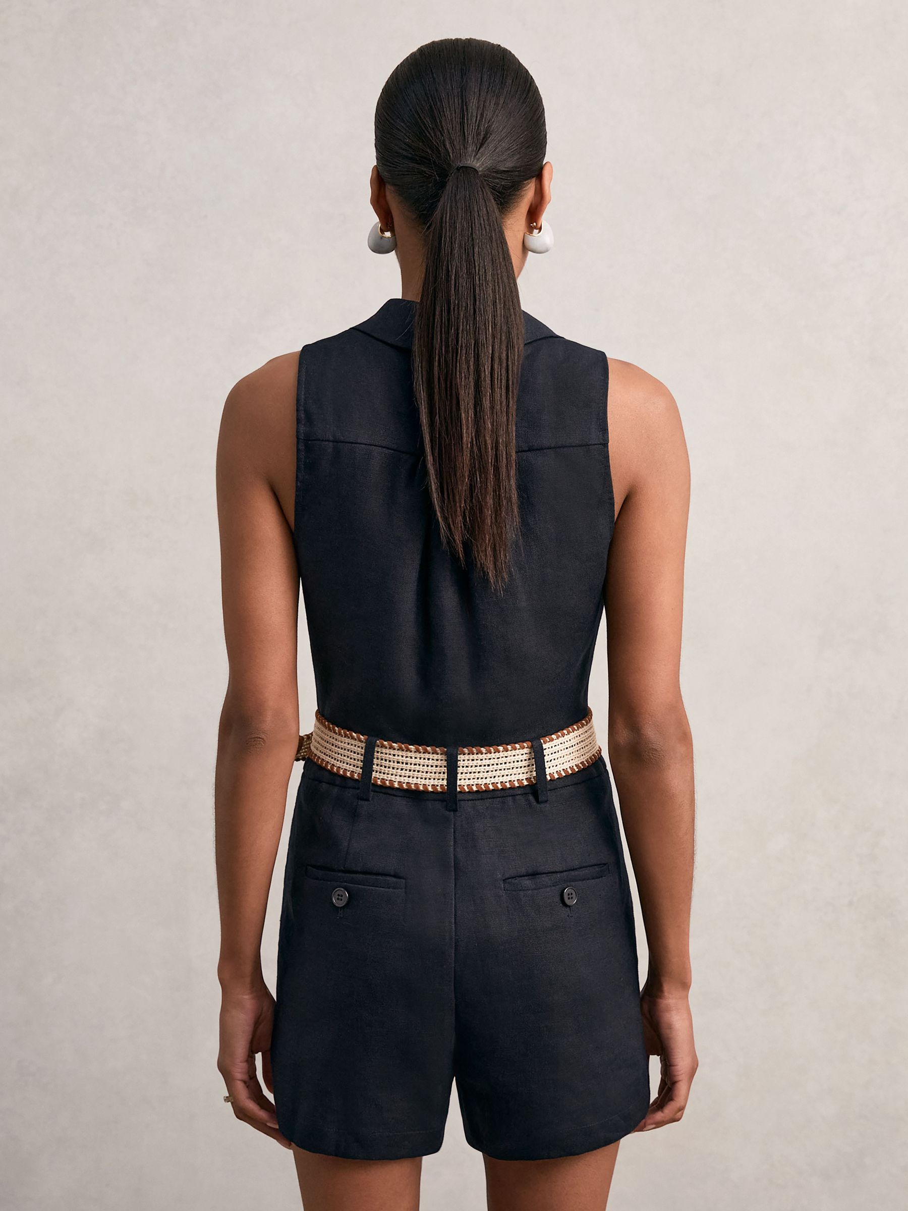 Linen Belted Sleeveless Wrap Playsuit in Navy - Image 5 of 6