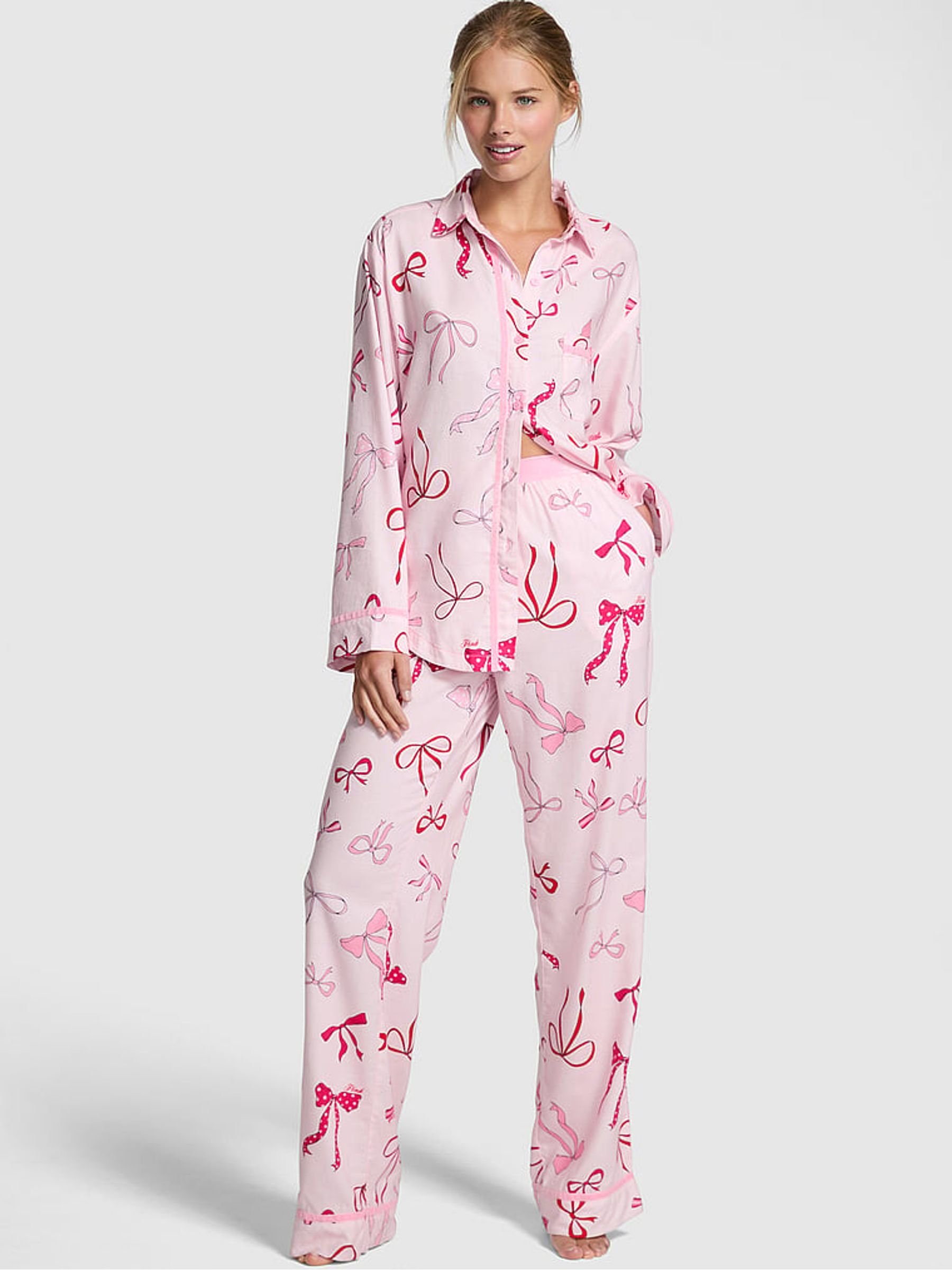 Pink Bow Print Flannel Pyjamas Set - Image 1 of 2 Pink Bow Print Flannel Pyjamas Set - Image 1 of 2