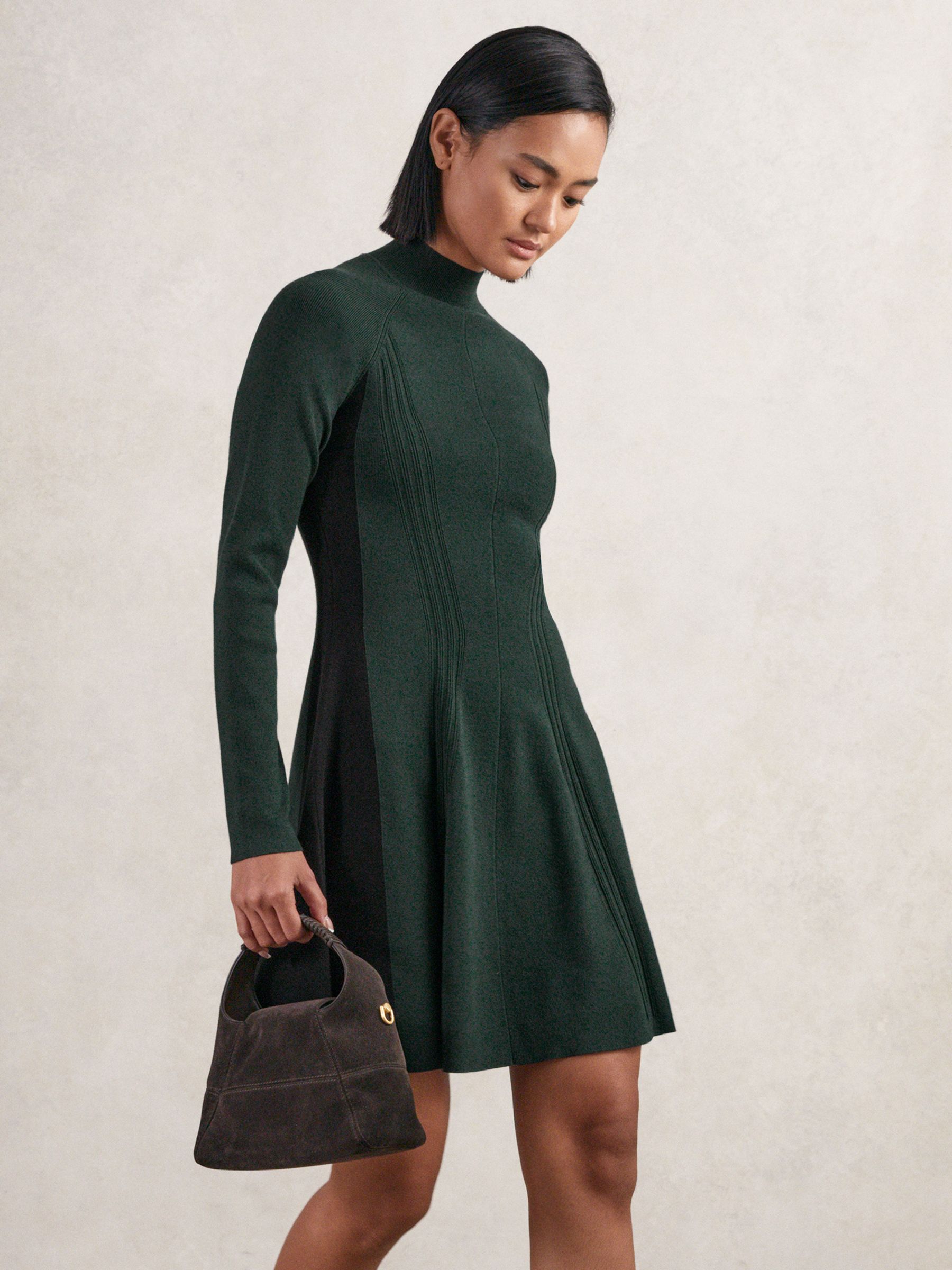 Knitted Contrast-Panel Skater Dress in Green/Black - Image 1 of 7