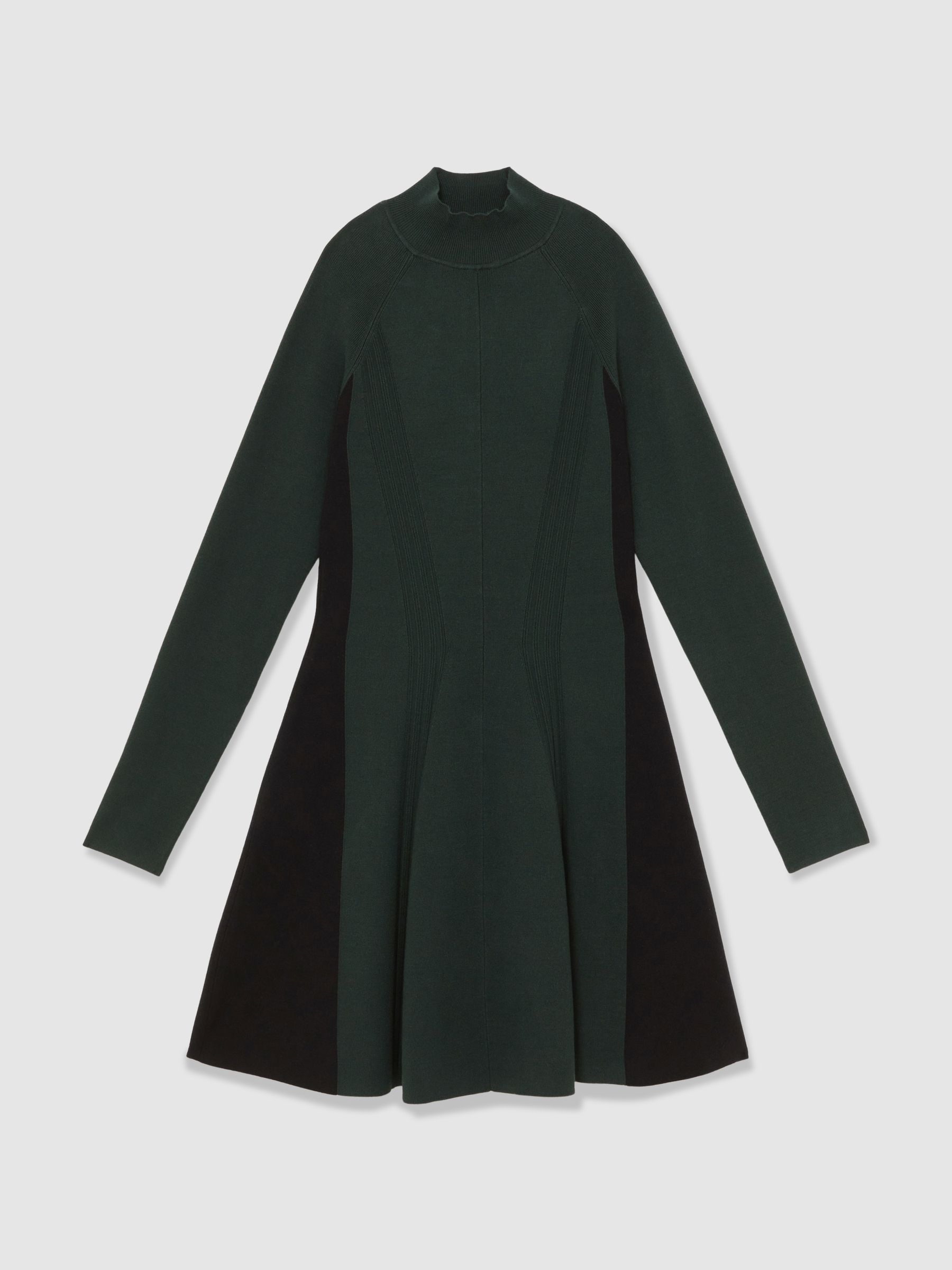 Knitted Contrast-Panel Skater Dress in Green/Black - Image 2 of 7