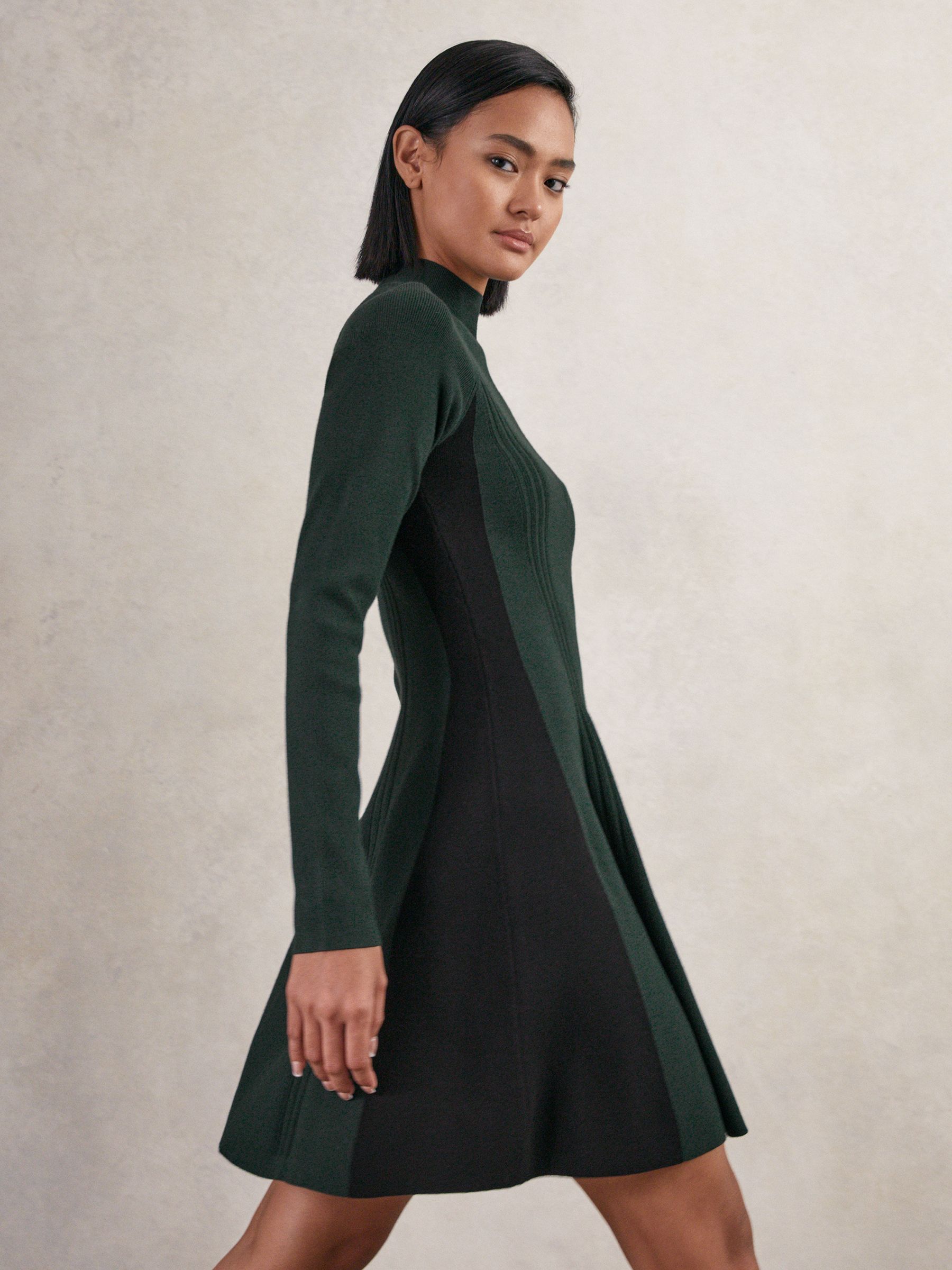 Knitted Contrast-Panel Skater Dress in Green/Black - image 3