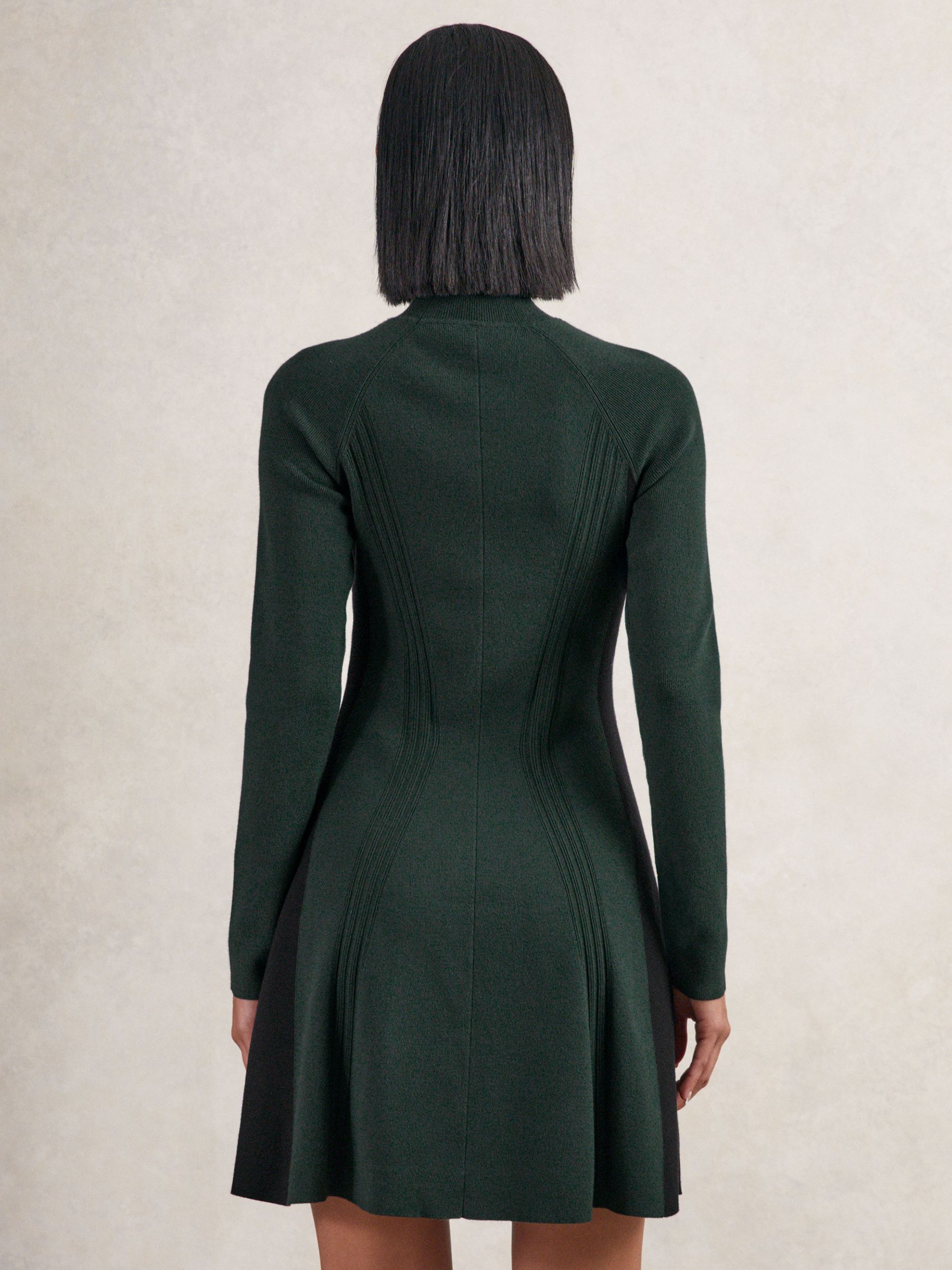 Knitted Contrast-Panel Skater Dress in Green/Black - image 5