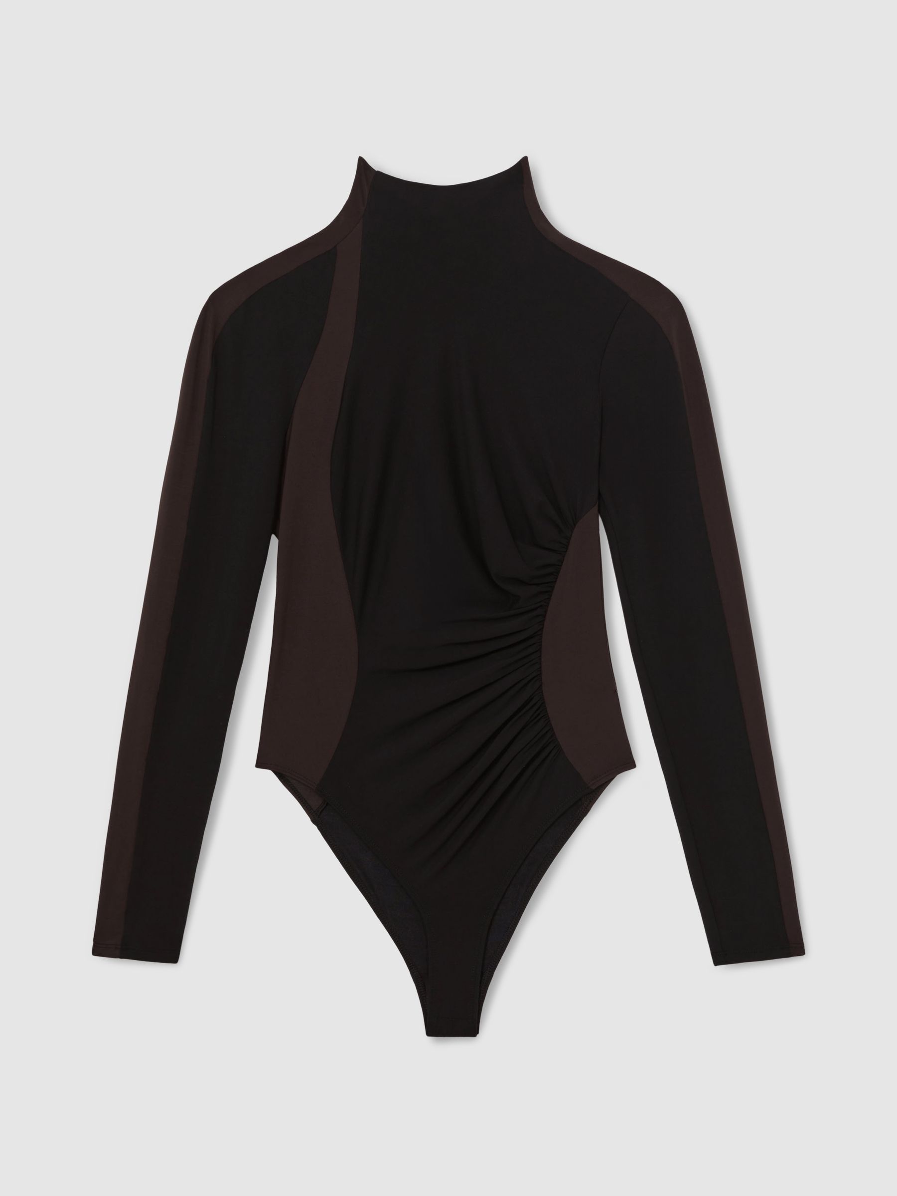 Stretch-Lyocell Panel Ruched Bodysuit in Black/Chocolate Brown - Image 2 of 6