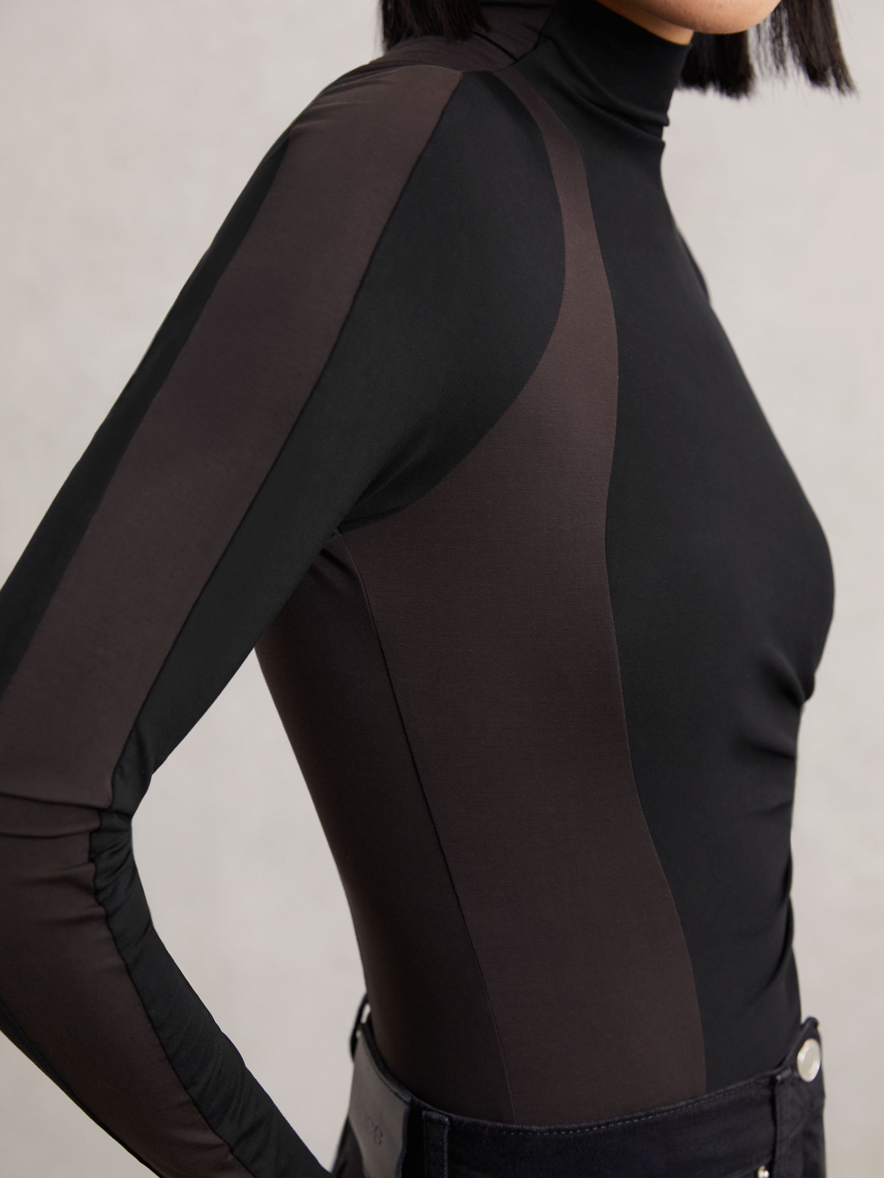 Stretch-Lyocell Panel Ruched Bodysuit in Black/Chocolate Brown - Image 3 of 6