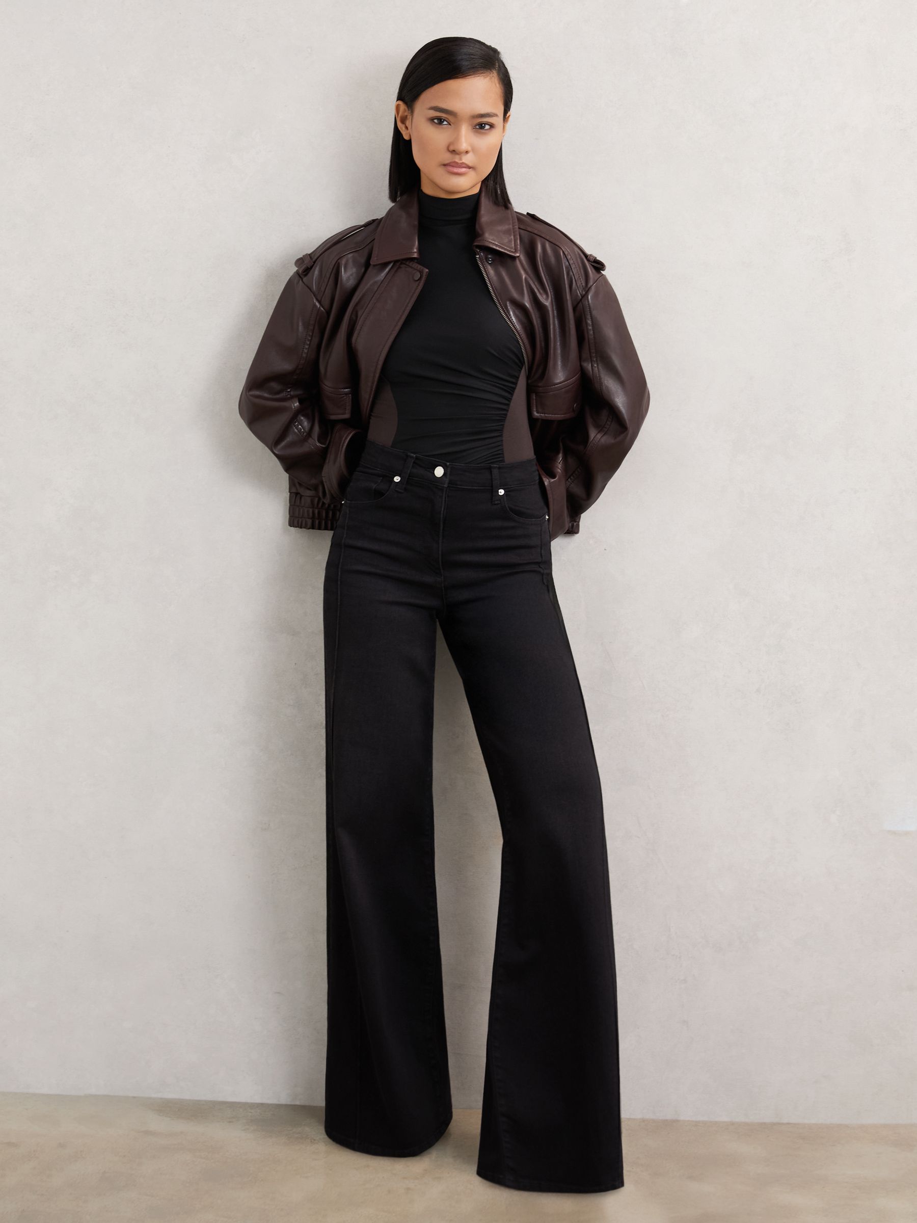 Stretch-Lyocell Panel Ruched Bodysuit in Black/Chocolate Brown - Image 4 of 6