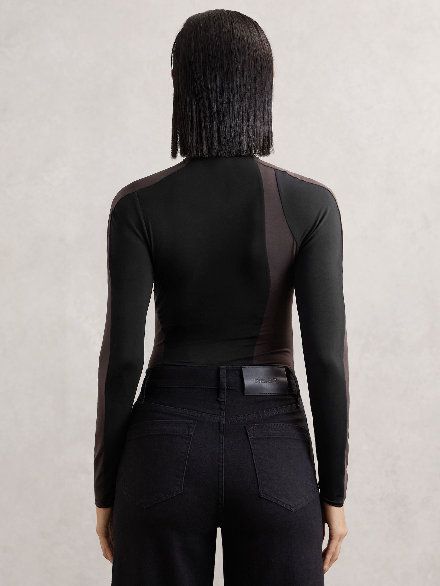 Stretch-Lyocell Panel Ruched Bodysuit in Black/Chocolate Brown - Image 5 of 6