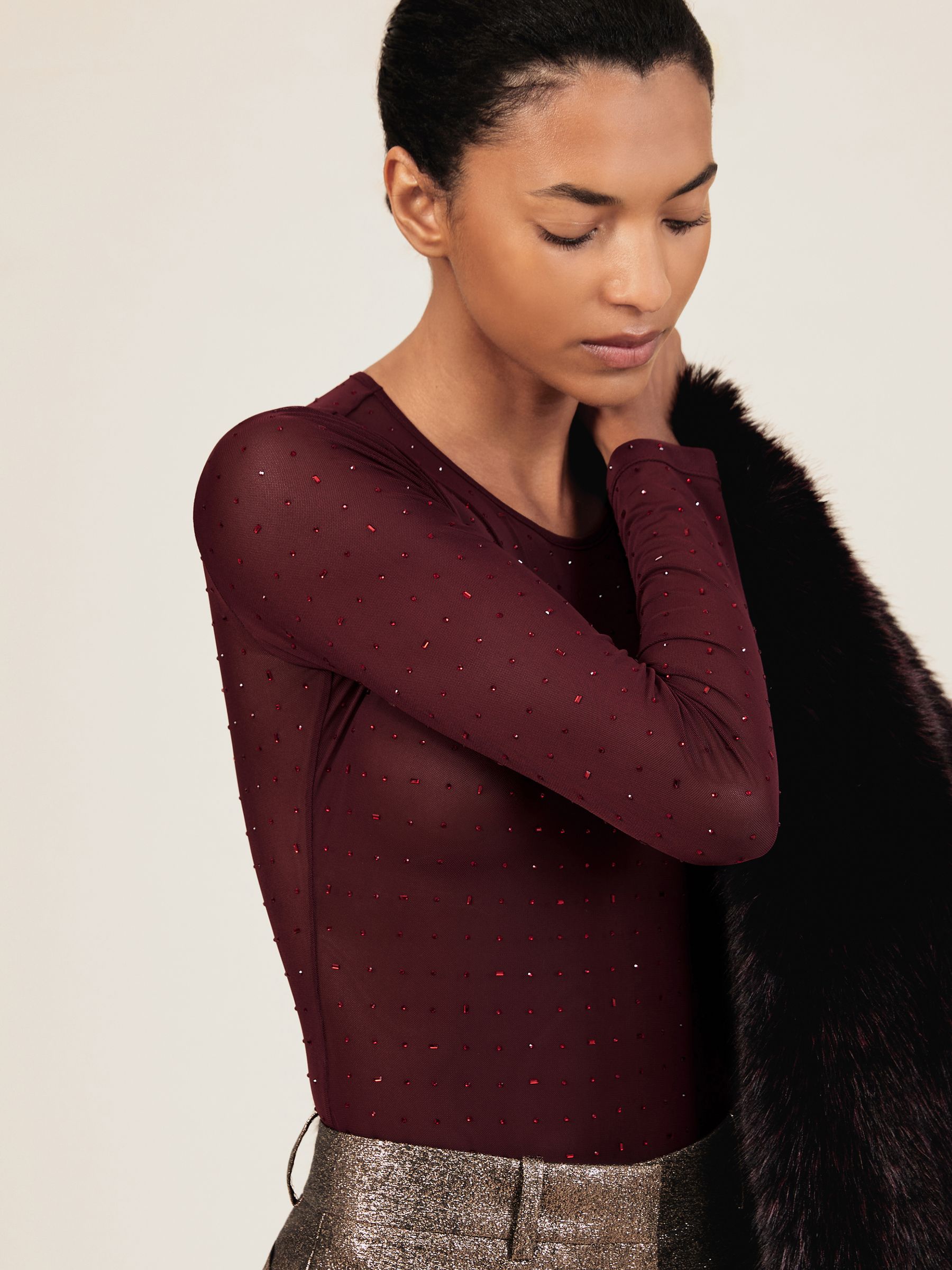 Crystal-embellished Mesh Bodysuit