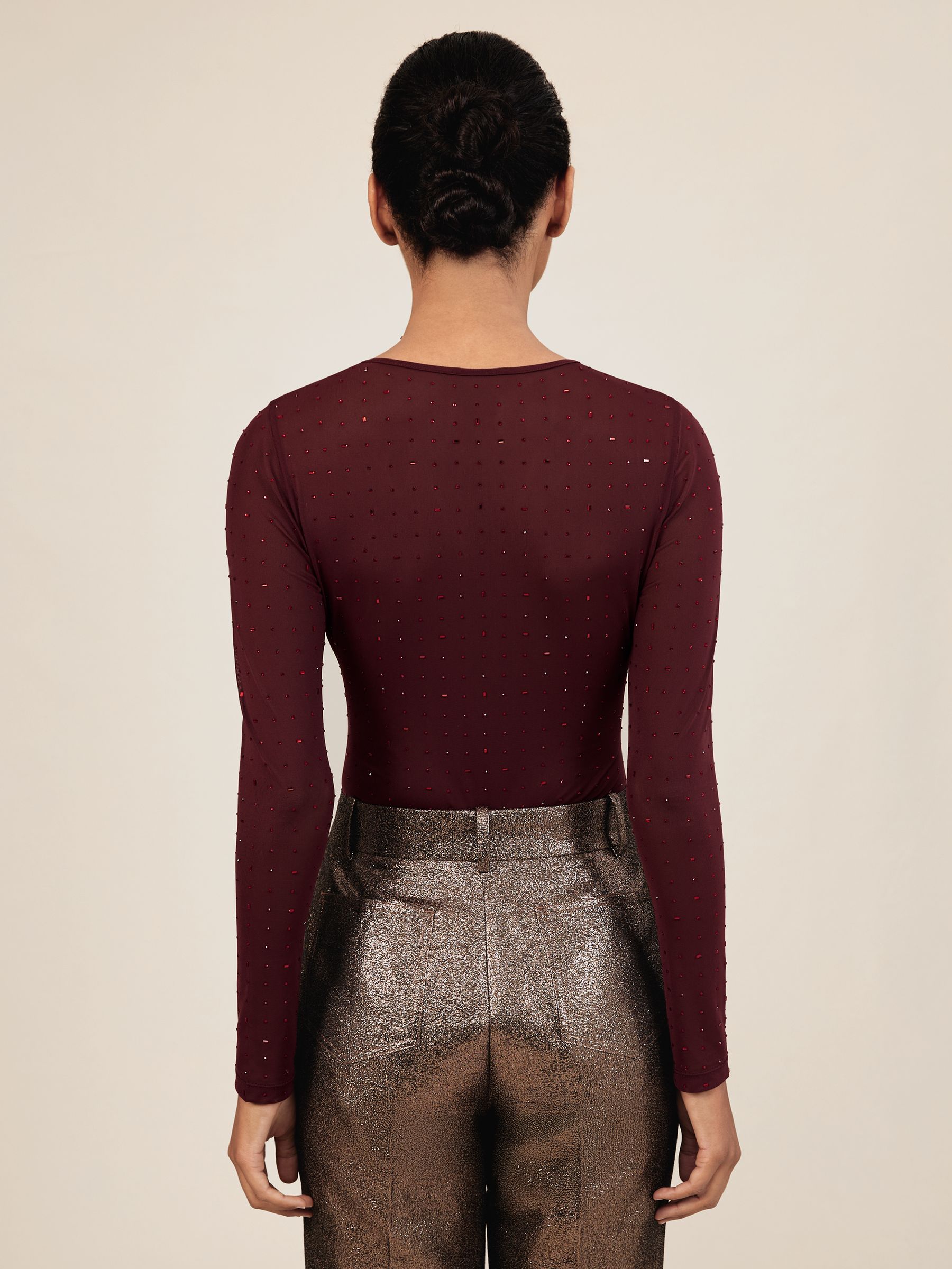 Reiss Crystal-Embellished Mesh Bodysuit in Red - REISS