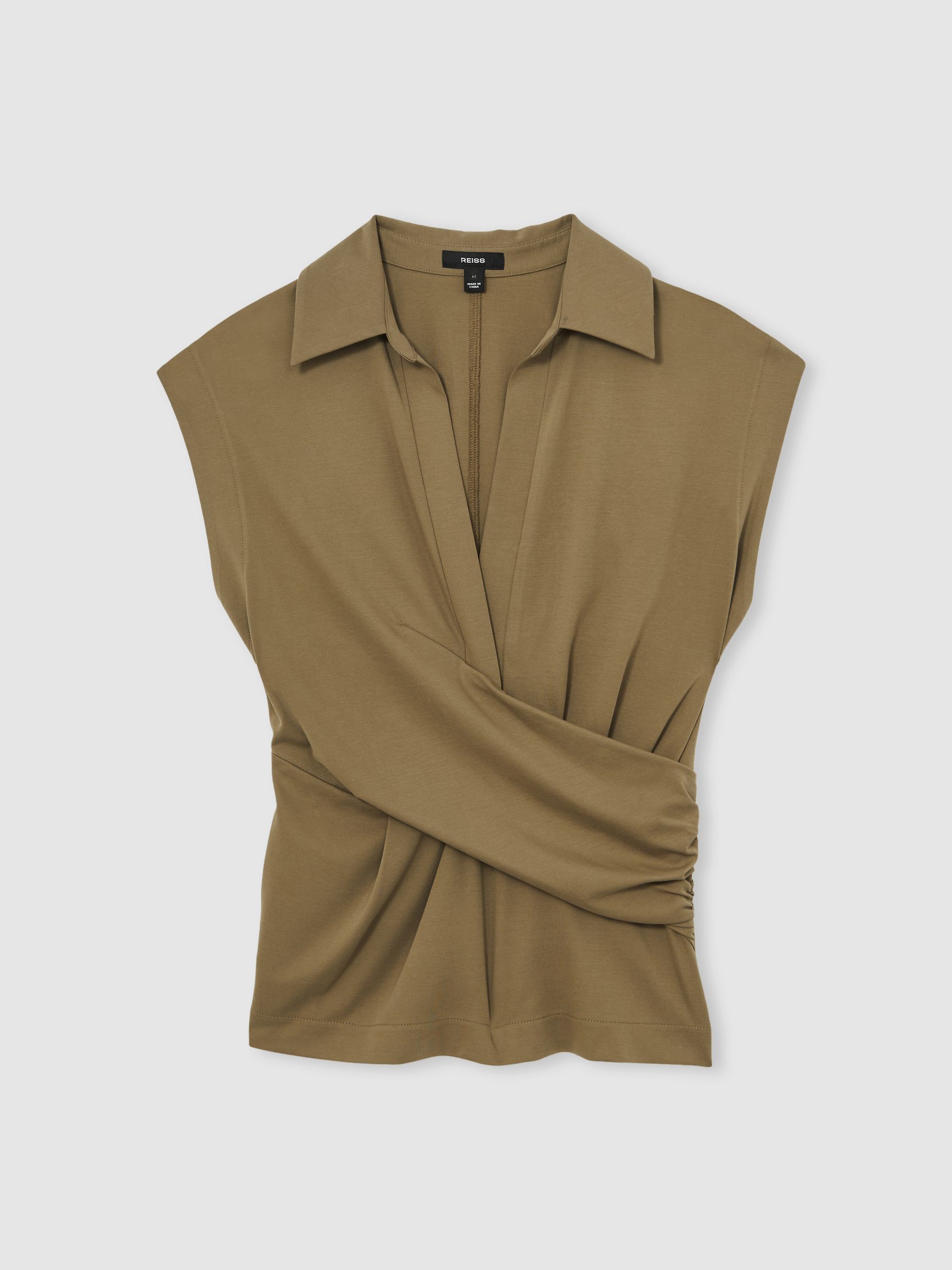 Stretch-Cotton Wrap-Front Collar Top in Khaki Green - Image 2 of 6