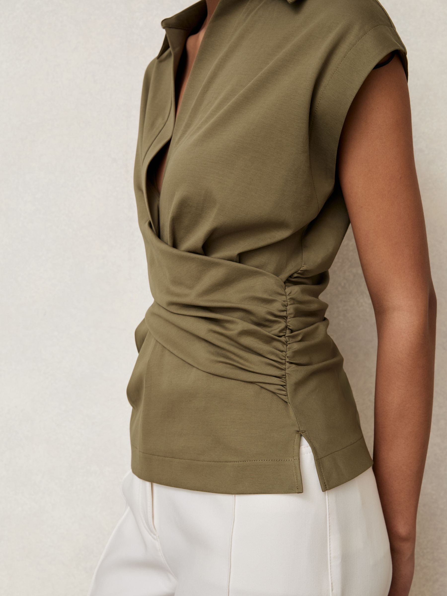 Stretch-Cotton Wrap-Front Collar Top in Khaki Green - image 3