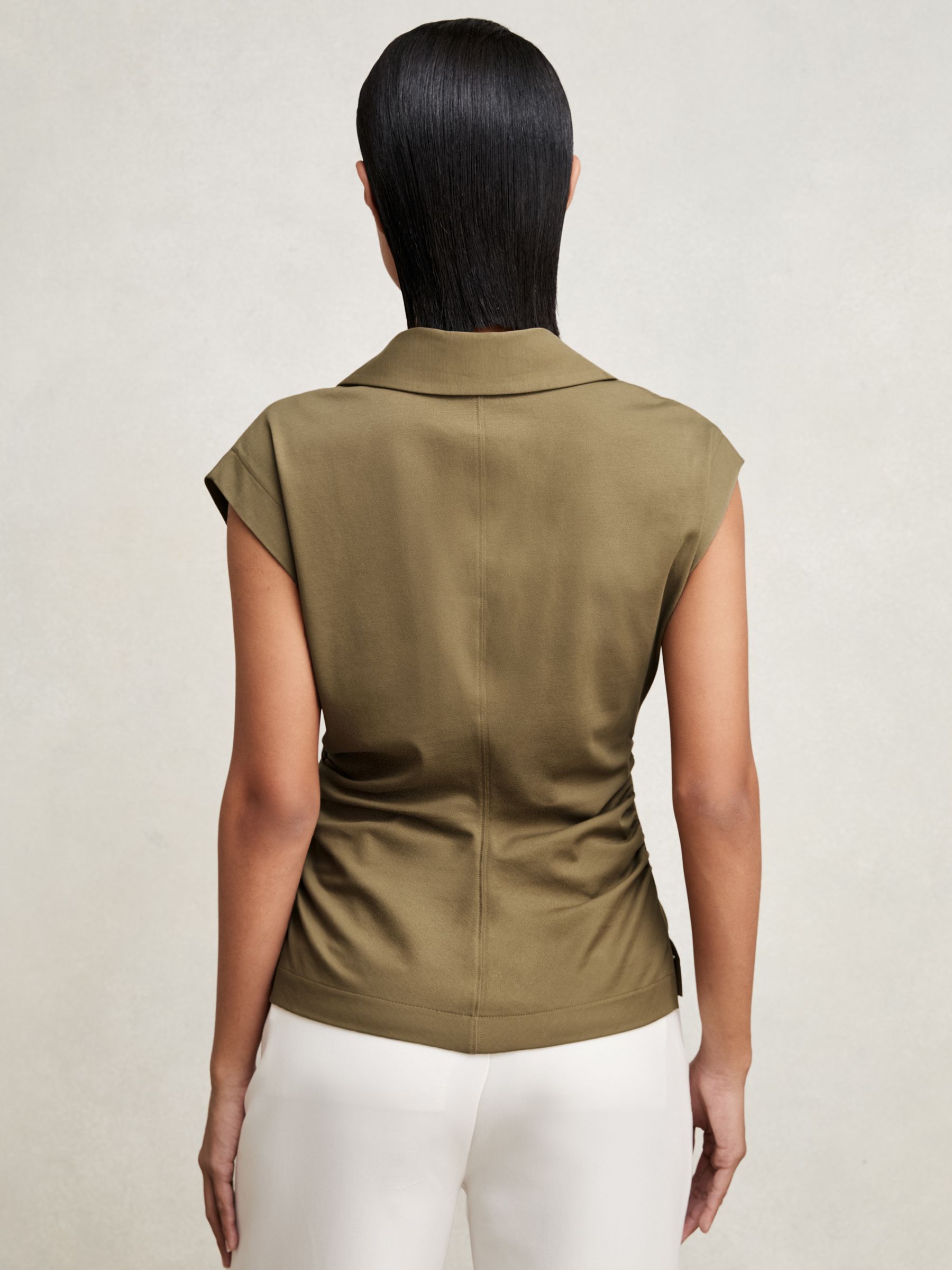 Stretch-Cotton Wrap-Front Collar Top in Khaki Green - image 4