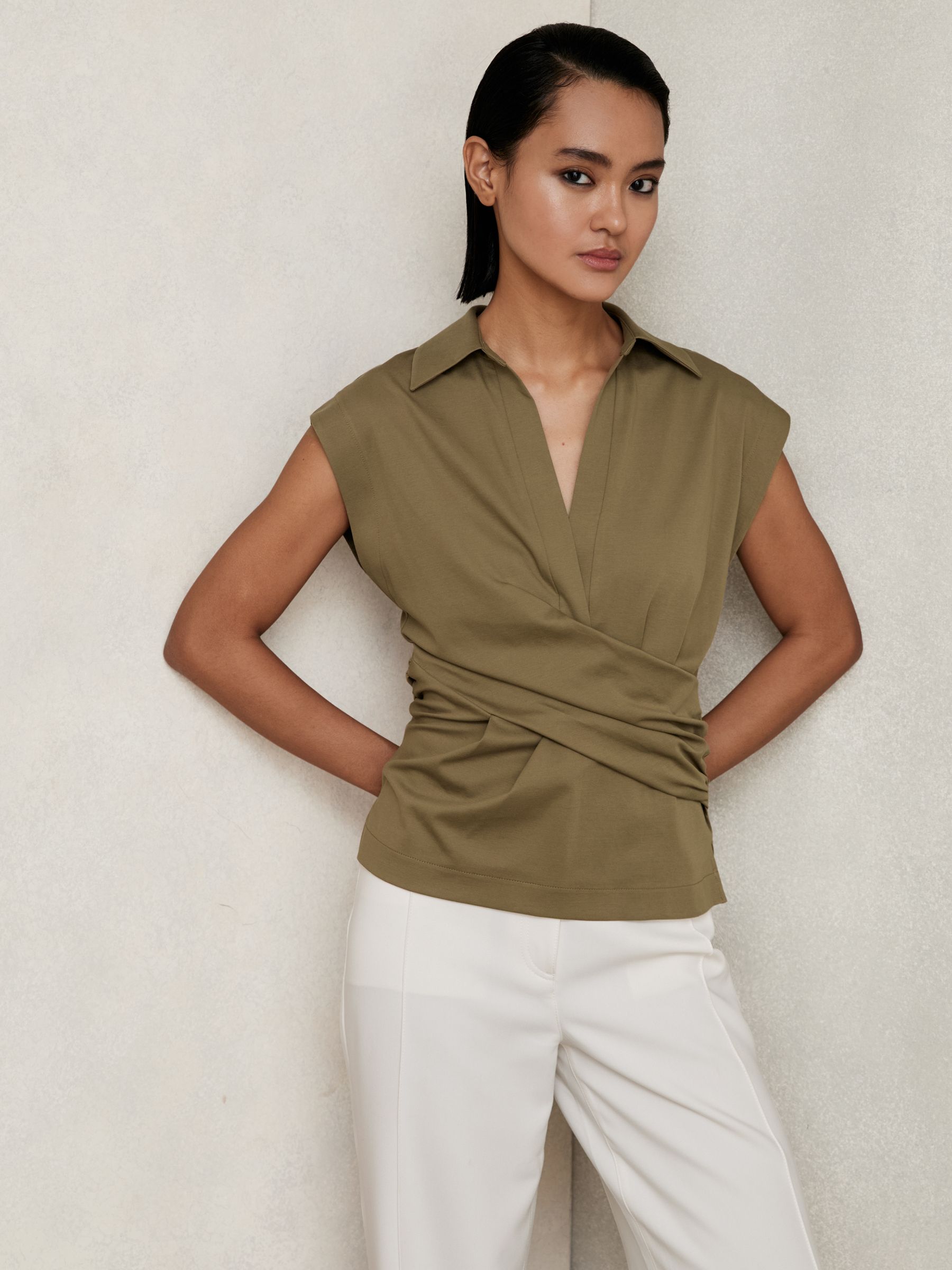 Stretch-Cotton Wrap-Front Collar Top in Khaki Green - image 5
