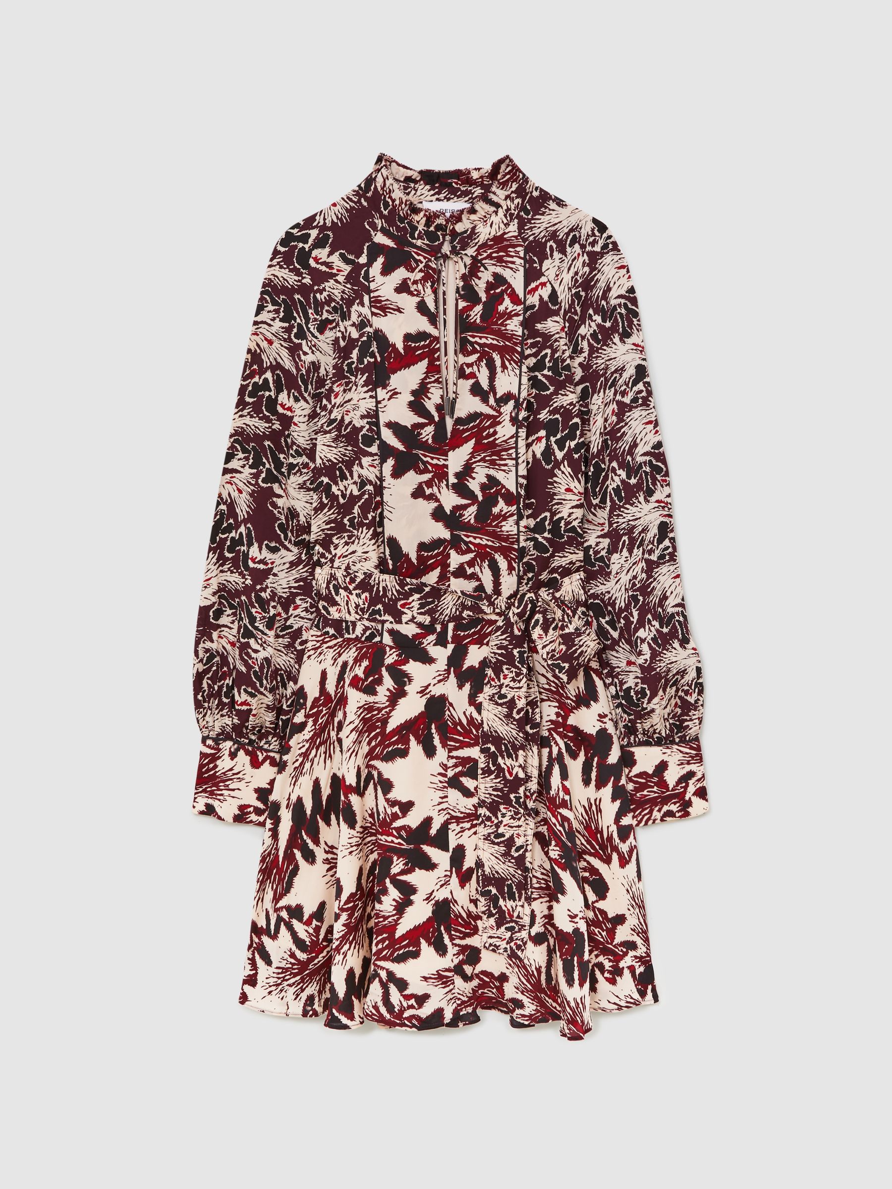 Printed Tie-Waist Flippy Mini Dress in Burgundy/Cream - Image 2 of 7