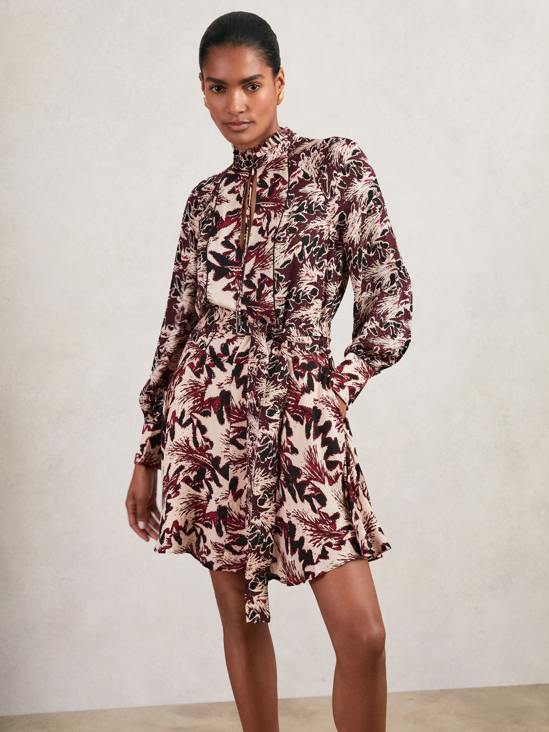 Printed Tie-Waist Flippy Mini Dress in Burgundy/Cream - Image 3 of 7