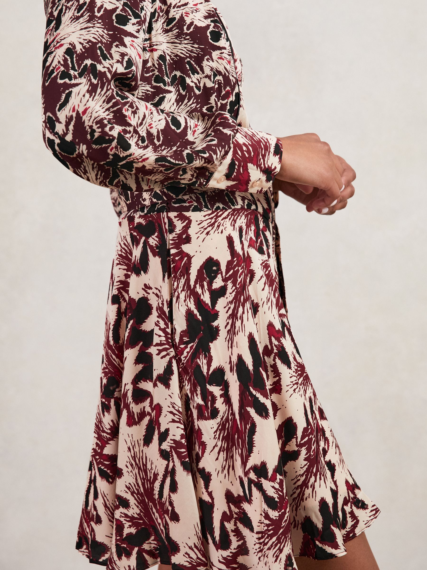 Printed Tie-Waist Flippy Mini Dress in Burgundy/Cream - Image 4 of 7