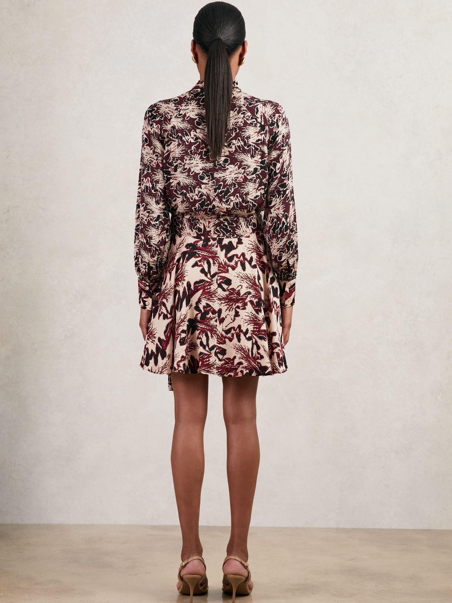 Printed Tie-Waist Flippy Mini Dress in Burgundy/Cream - Image 6 of 7