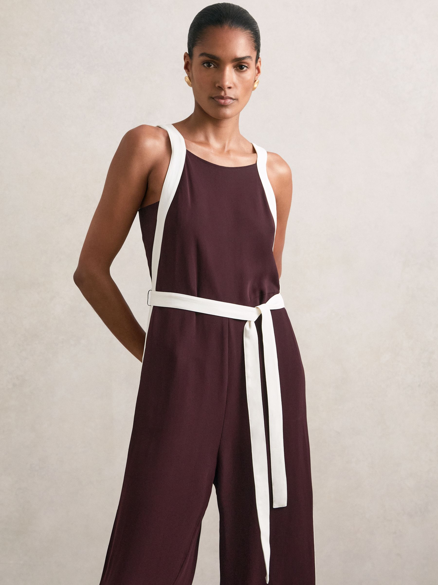 Colourblock Wide Leg Belted Jumpsuit in Burgundy/Cream - Image 3 of 6