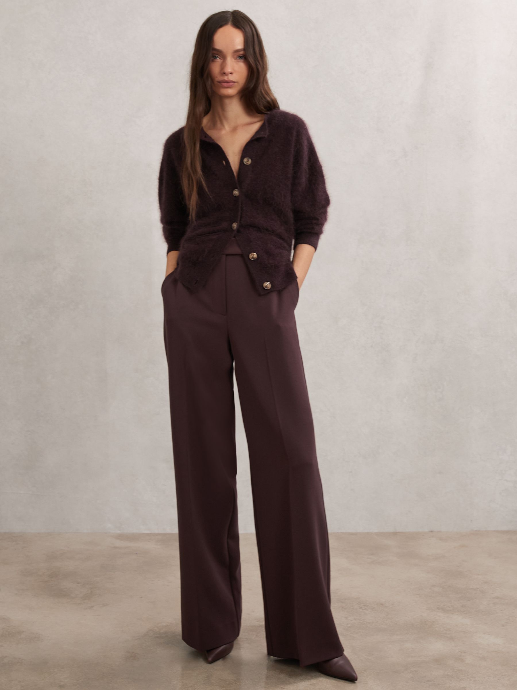 100% Kardigan z kartáčovaného kašmíru v vínové barvě - Obrázek 3 z 7