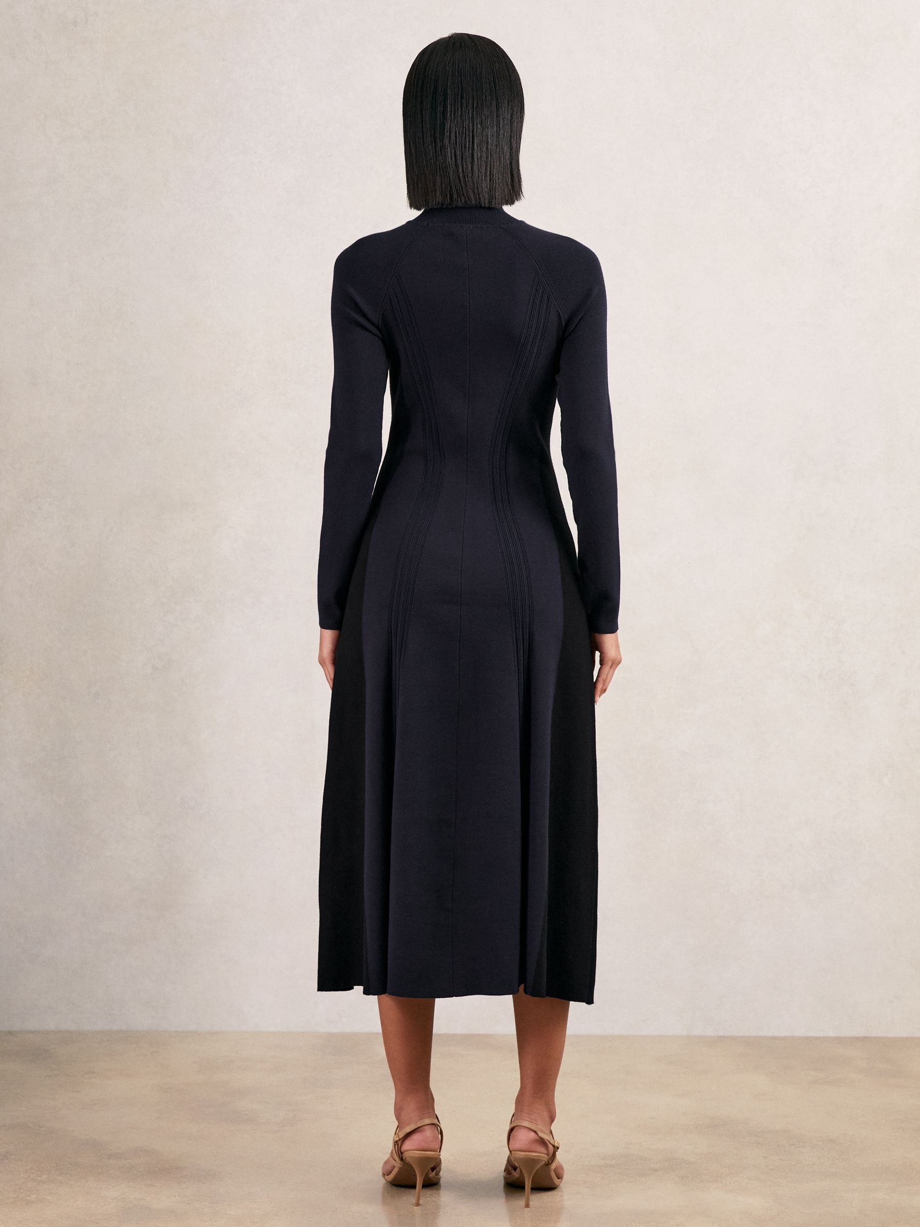 Petite Knitted Contrast-Panel Midi Dress in Navy/Black - Image 5 of 7