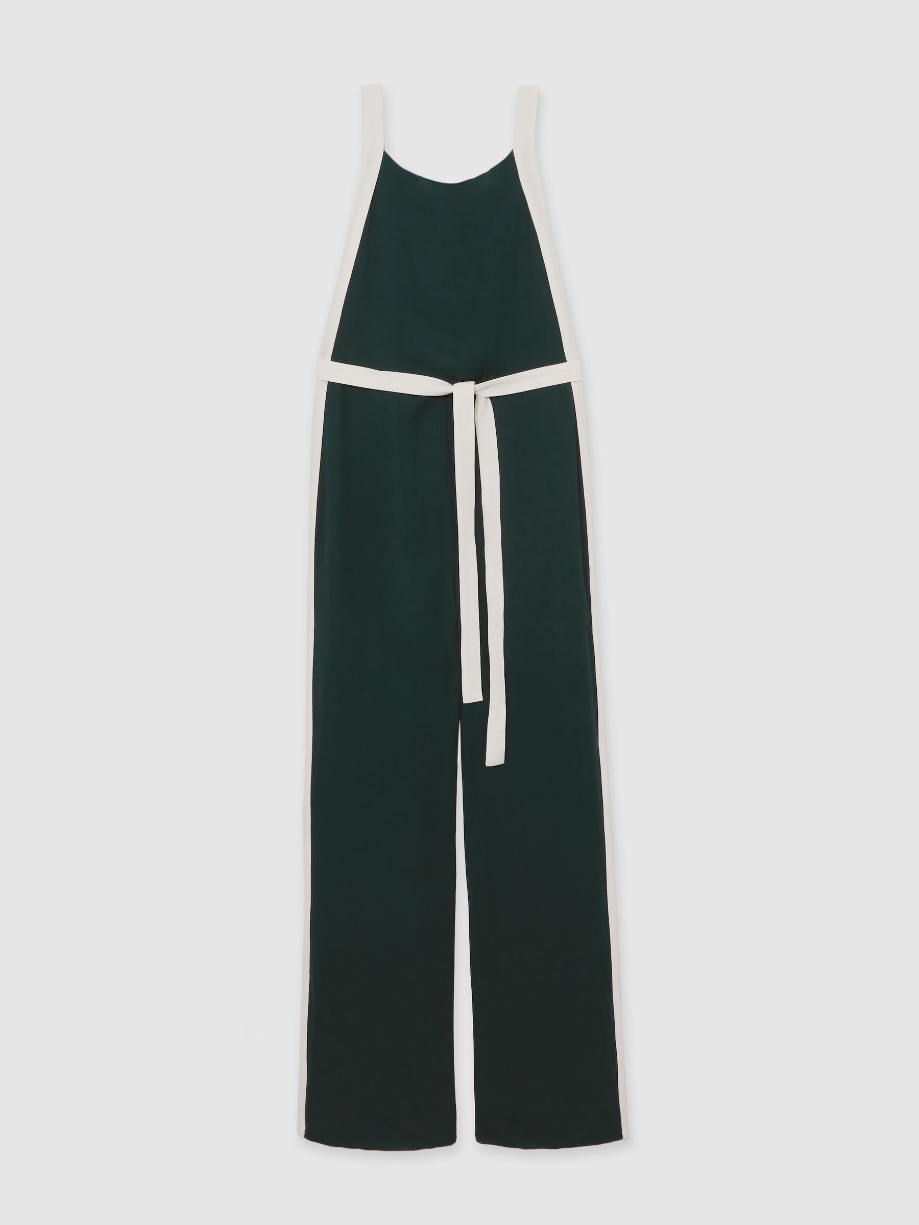 Colourblock Wide Leg Belted Jumpsuit in Dark Green/Cream - Image 2 of 6