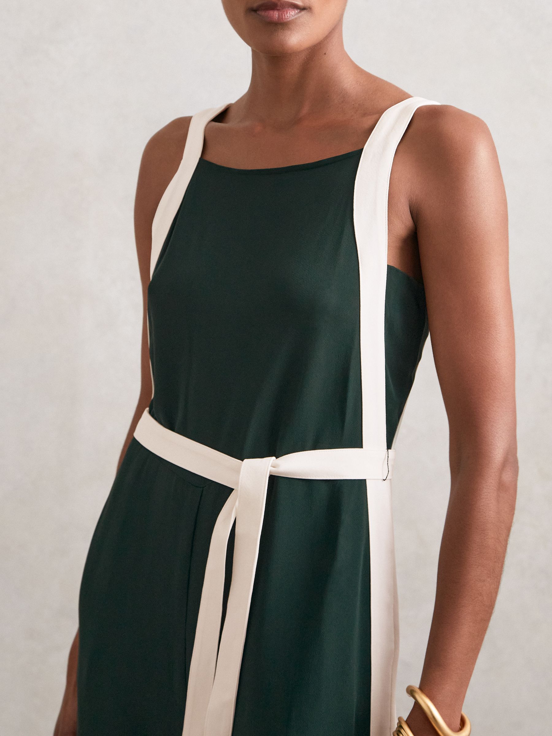 Colourblock Wide Leg Belted Jumpsuit in Dark Green/Cream - Image 3 of 6