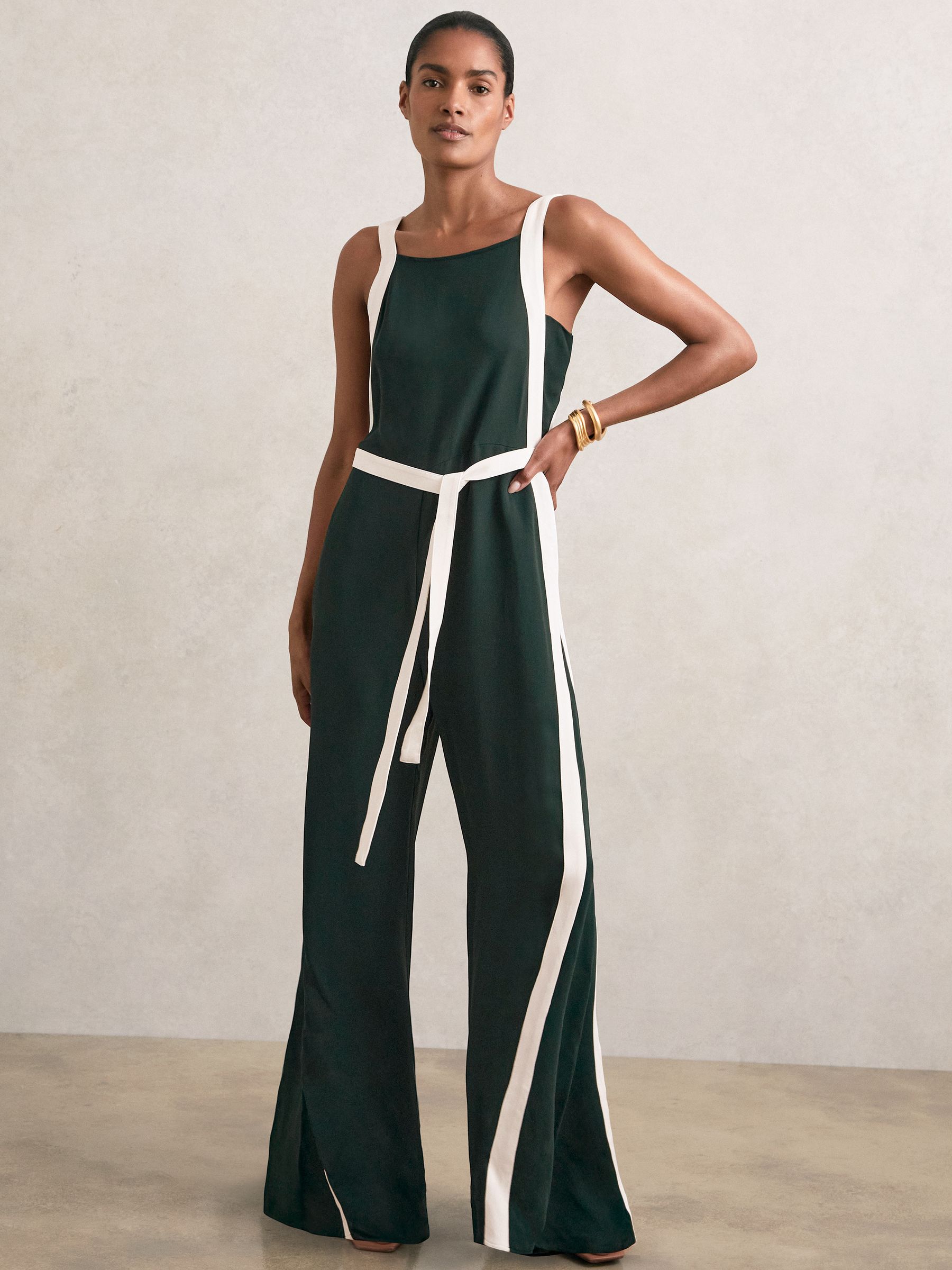 Colourblock Wide Leg Belted Jumpsuit in Dark Green/Cream - Image 4 of 6