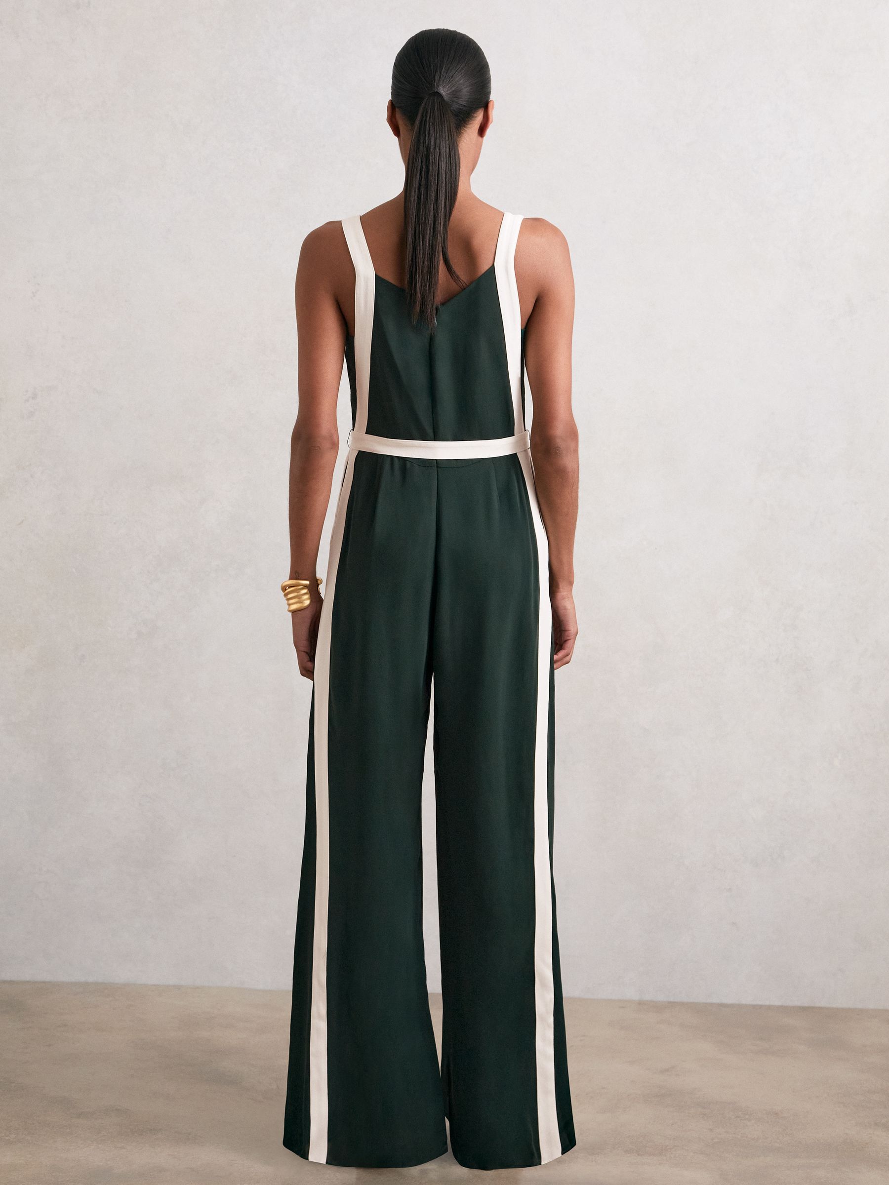 Colourblock Wide Leg Belted Jumpsuit in Dark Green/Cream - Image 5 of 6