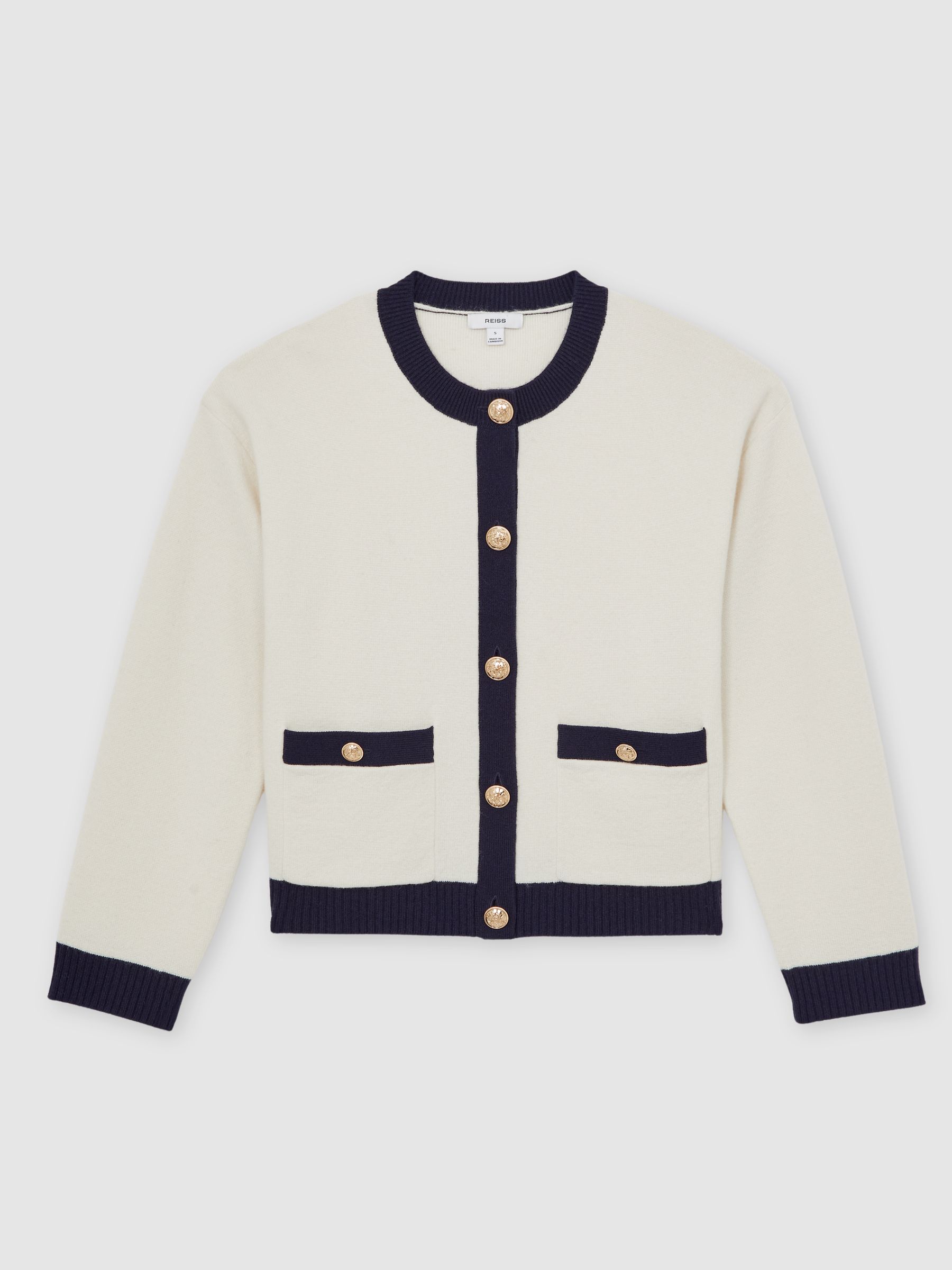 Wool-Cashmere Crew-Neck Cardigan in Cream/Navy - Image 2 of 6
