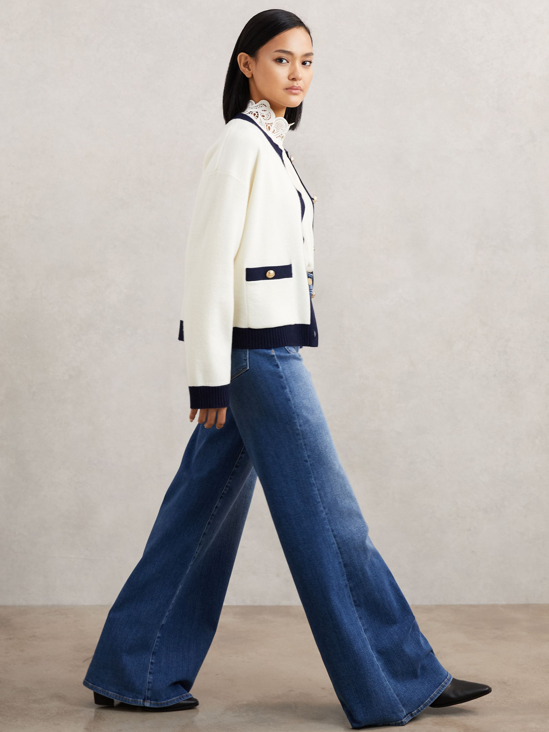 Wool-Cashmere Crew-Neck Cardigan in Cream/Navy - image 5