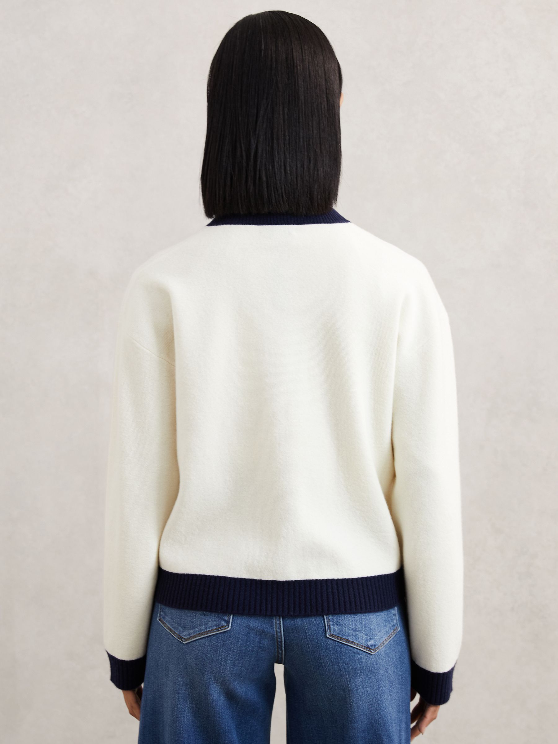 Wool-Cashmere Crew-Neck Cardigan in Cream/Navy - Image 5 of 6