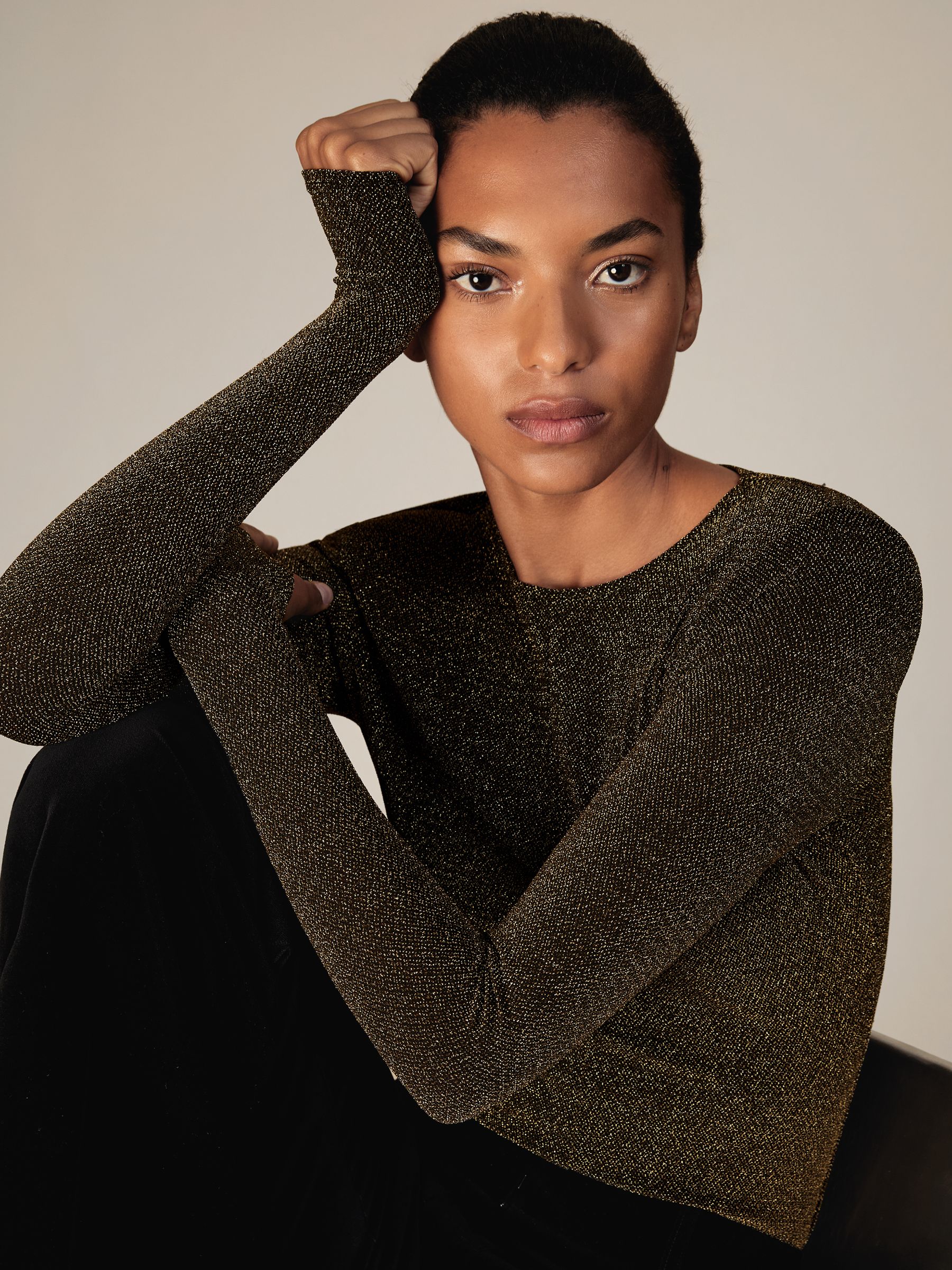 Metallic-Knit Long-Sleeve Top in Gold - Image 1 of 6 Metallic-Knit Long-Sleeve Top in Gold - Image 1 of 6