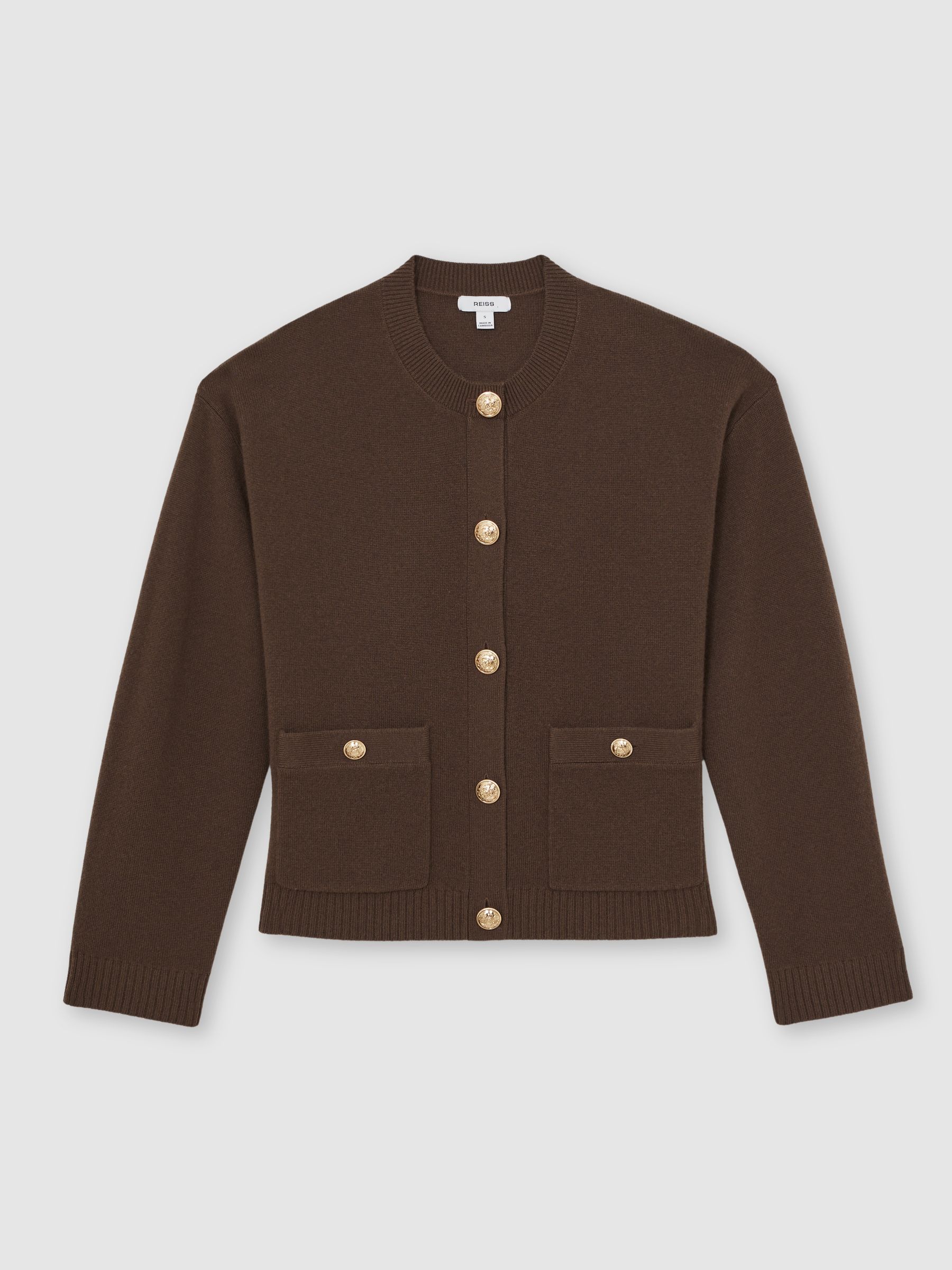 Wool-Cashmere Crew-Neck Cardigan in Chocolate Brown - Image 2 of 6